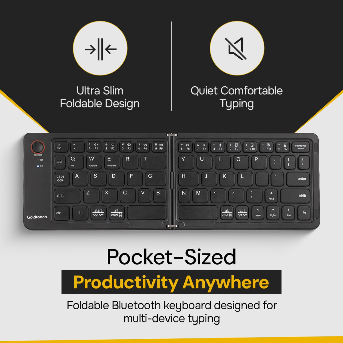 Goldtouch Peapod Mini Bluetooth Keyboard, Foldable, Classic, 1 Count