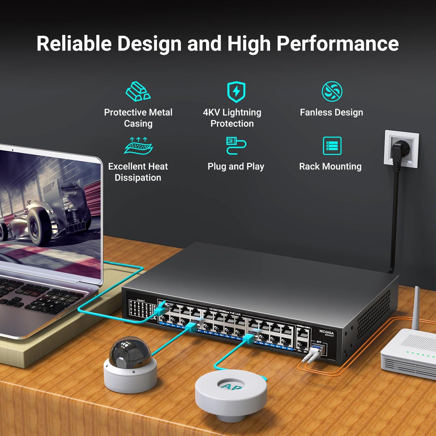 NICGIGA 24-Port Gigabit PoE Switch with 24 PoE+@300W, 2 Gigabit Uplink Ports, 1 SFP, Sturdy Metal for Desktop/Rack Mount, Plug and Play, Unmanaged