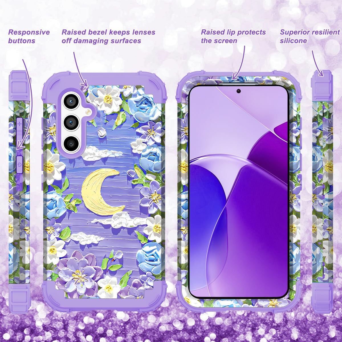 SleekCover for Galaxy S24 Case,3 in 1 Oil Painting Flower Pattern Heavy Duty Shockproof Protection Silicone Rubber Bumper+Hard Plastic Hybrid