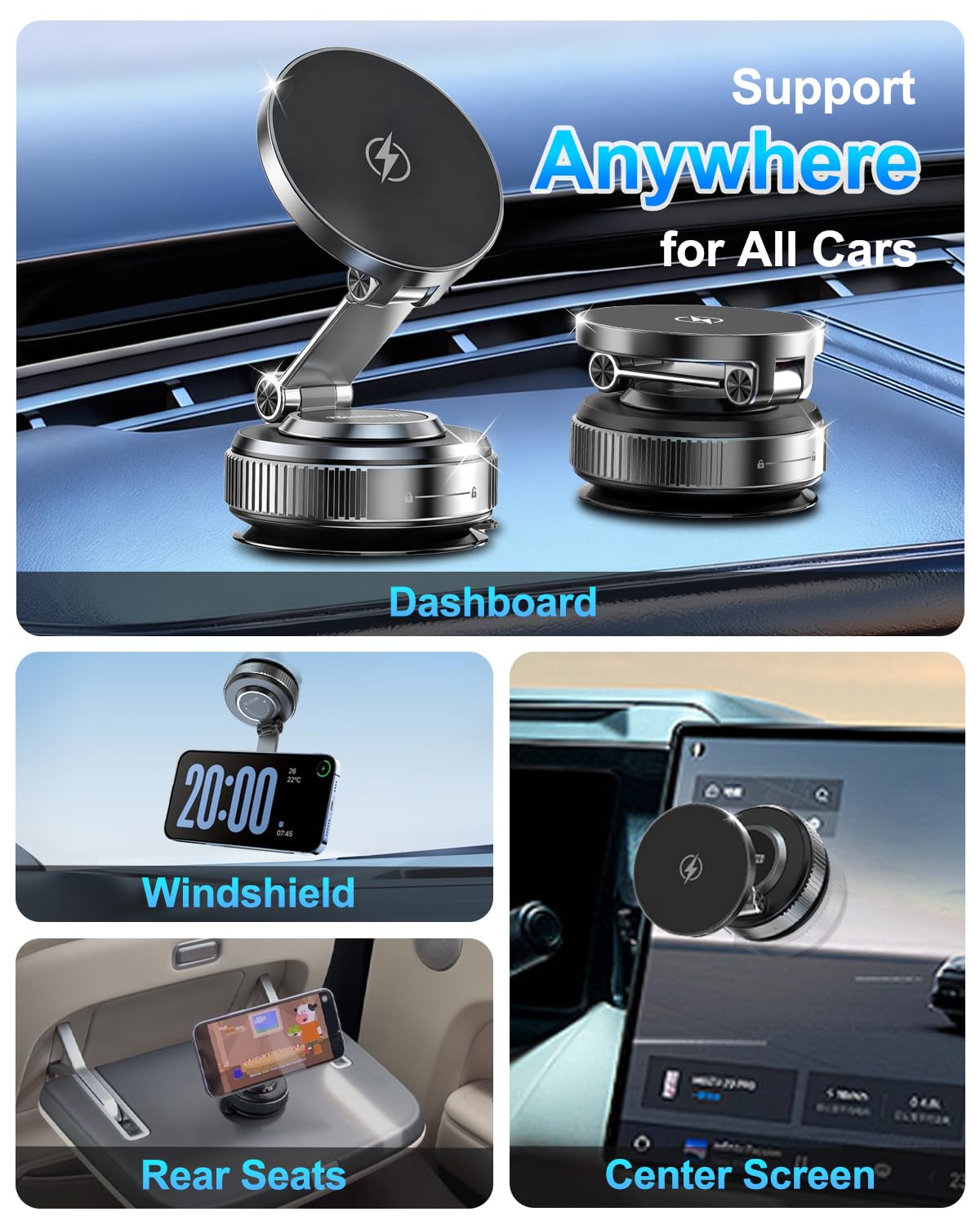for MagSafe Car Mount Charger, 15W Fast Charging Magnetic Wireless Car Charger, Vacuum Magnetic Phone Holder [120LBS Ultra Suction Cup & 3000gf Magnet