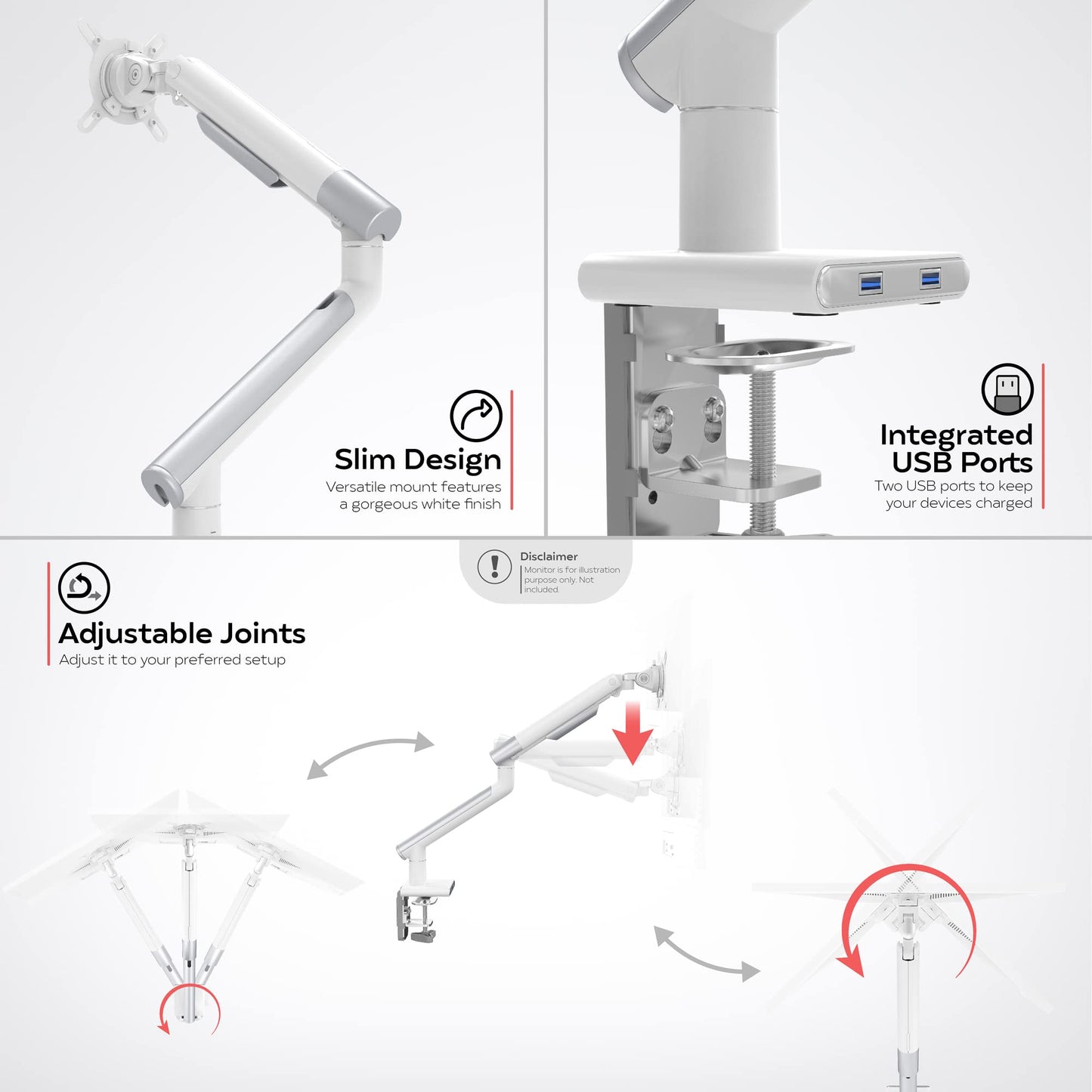 Single Monitor Arm Mount - CTA White Monitor Mount for 23" to 35" Monitors - w/Dual USB 3.0 Hub Ports & Arm Clamp for Desks - White (ADD-SSMA)