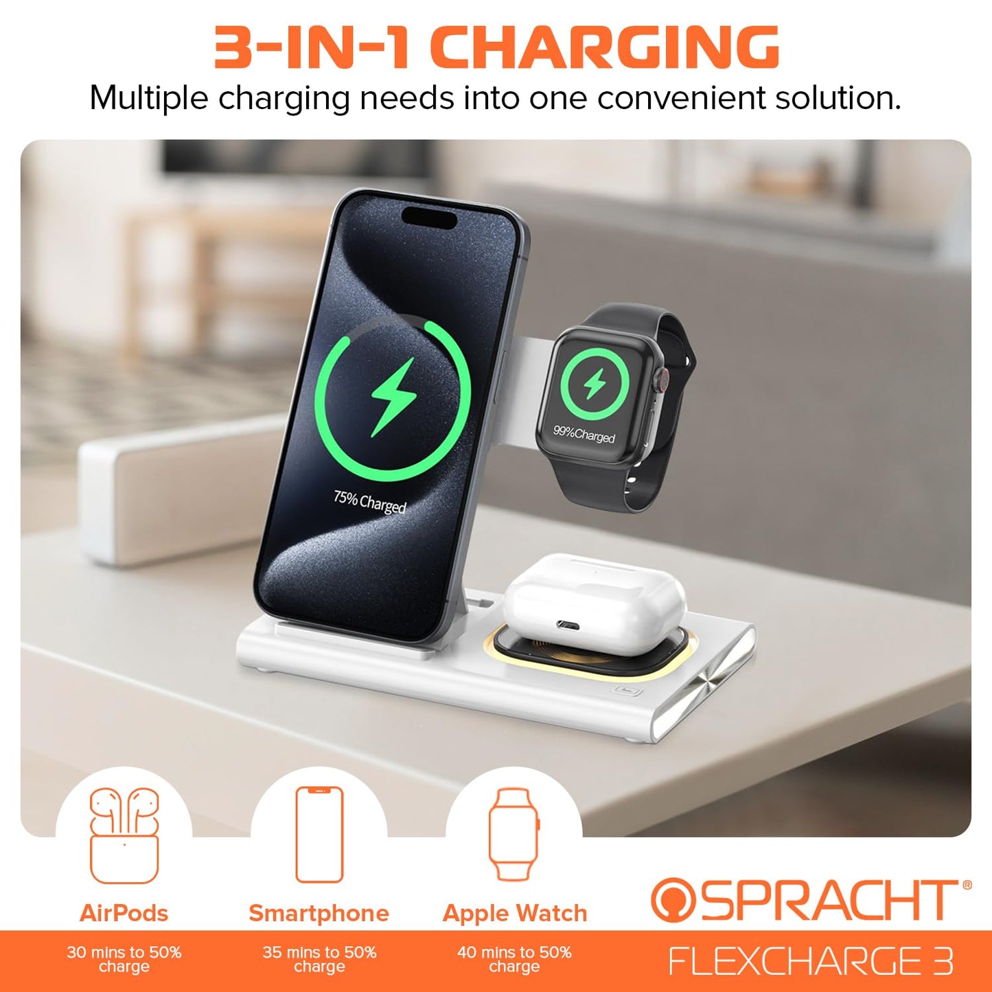 Spracht Flex Charge 3-3 in 1 Charging Station, Portable Charging Station for Smartphones, Smart Watches, Earbuds - 25W Fast Wireless Charger Stand