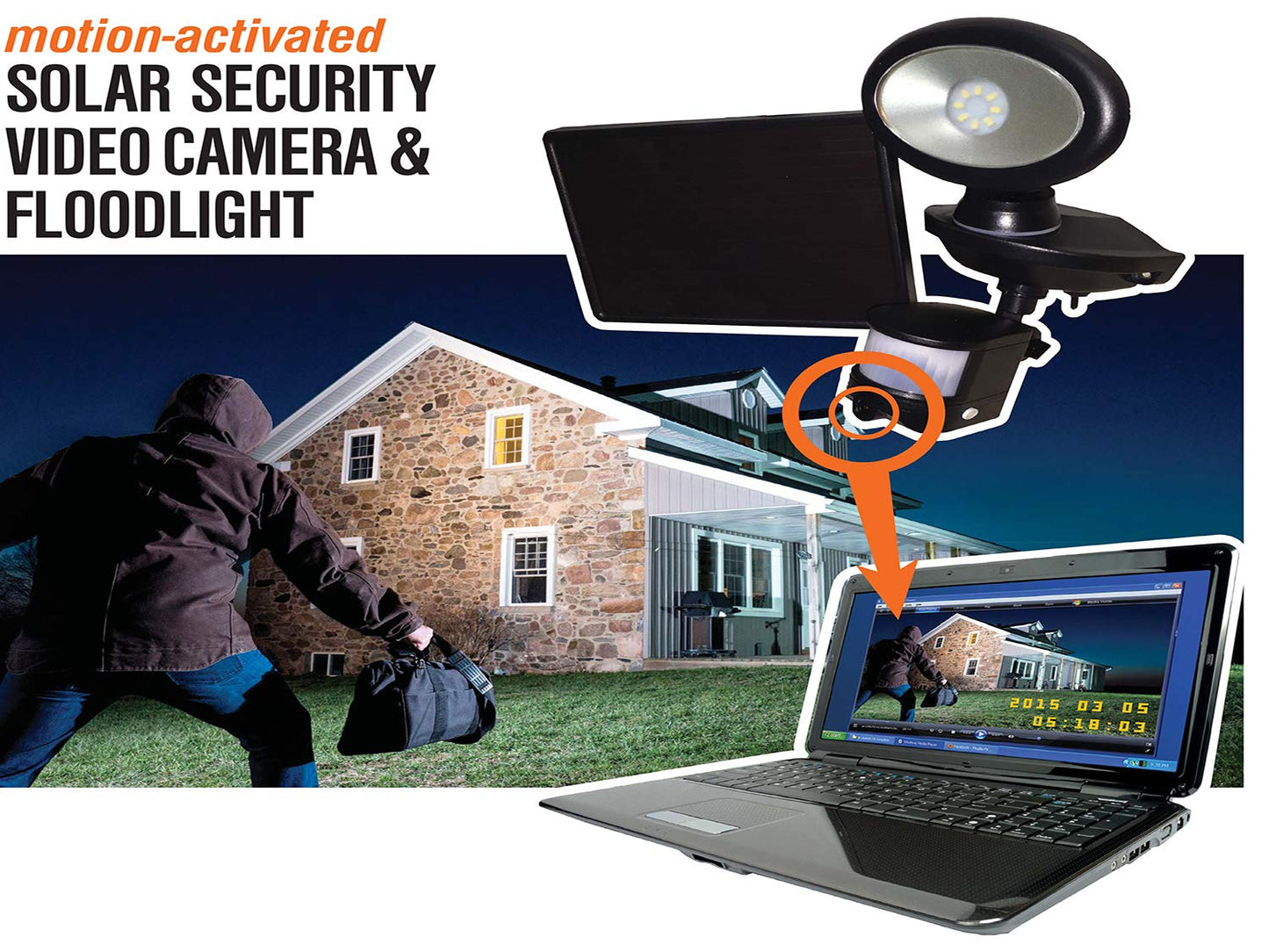 Maxsa 44643-CAM-BK Solar Security Video Camera and Spotlight-Black
