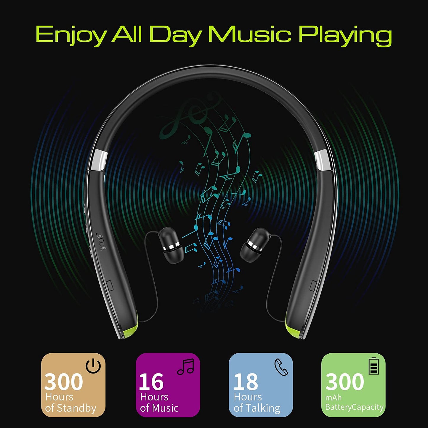 Bluetooth Headset, 2026 Upgraded Neckband Bluetooth Headphones with Retractable Earbuds, Noise Cancelling Stereo Earphones with Mic, Foldable Wireless