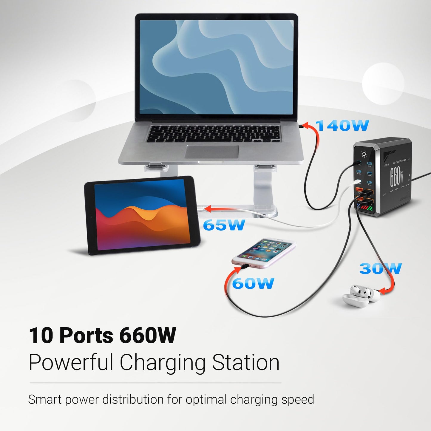 600/660W 10-Port Charging Tower - 6×USB-C & 4×USB-A, Touchscreen Light Control, Graphite Black with Silver Trim - ZOVLEC Multi-Device Fast Charging