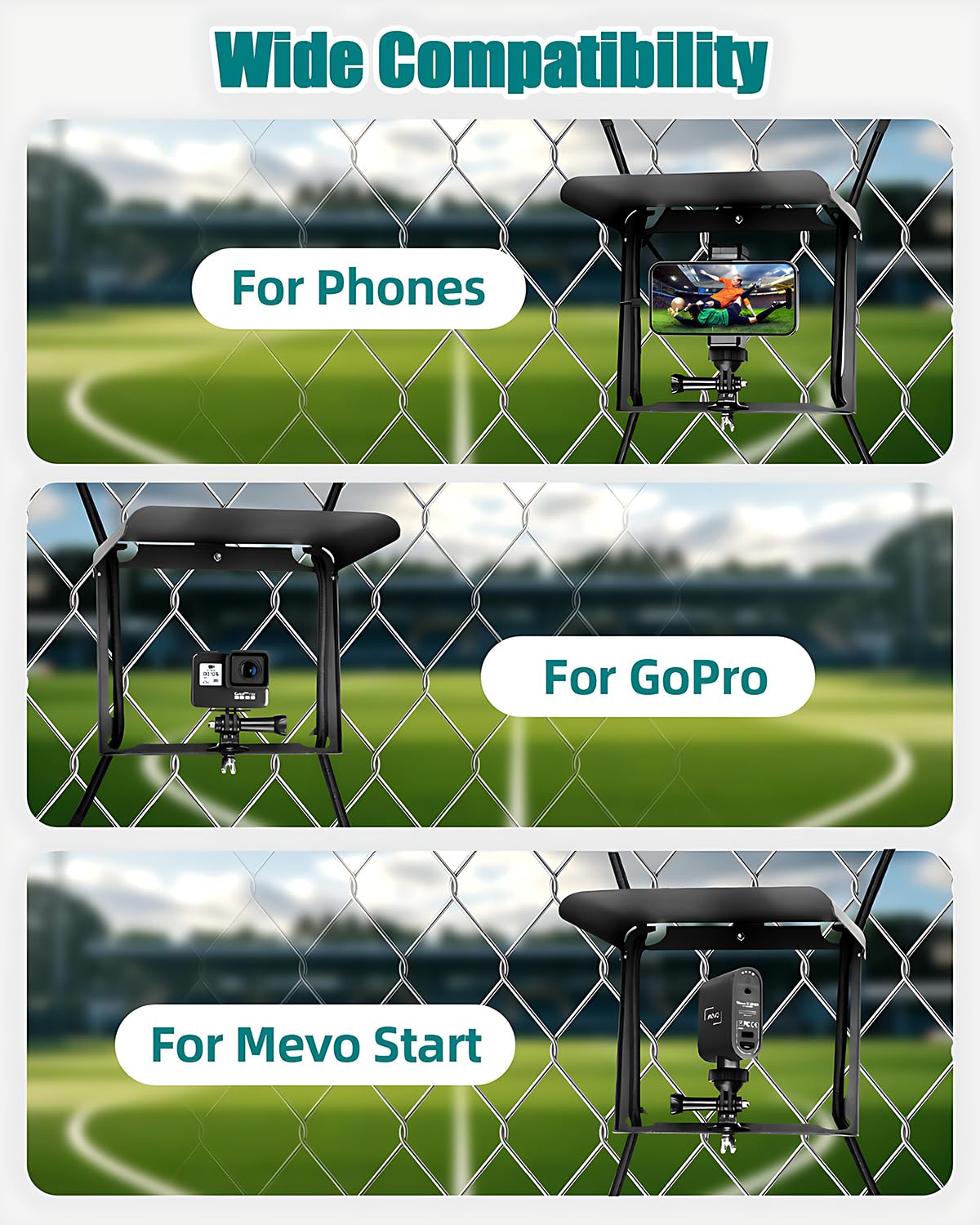 UBeesize Cell Phone Fence Mount with Foldable Shade, Game Changer Mounting Kit for iPhone, GoPro, Mevo Start, Tool-Free Streaming Kits with Carry Bag