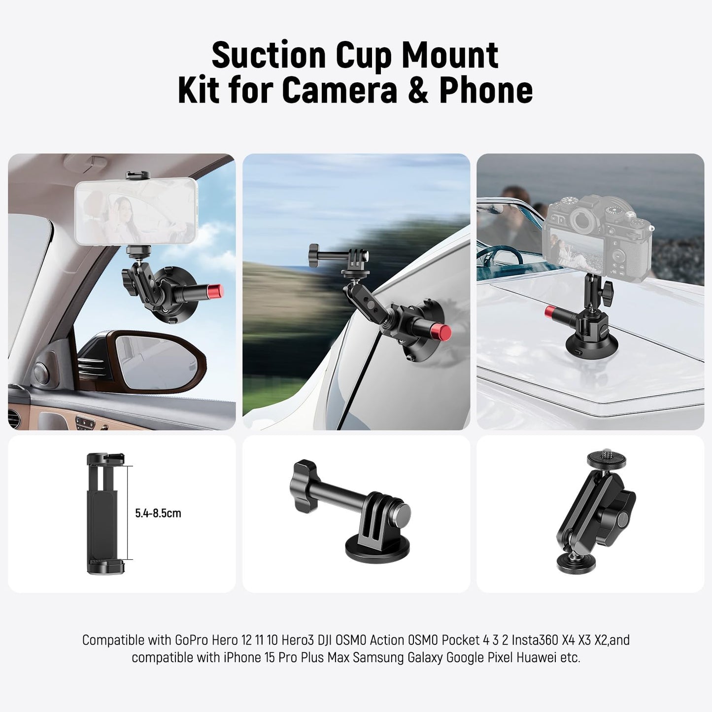 Neewer 3" Suction Cup Camera Mount Bracket with Ball Head Magic Arm, 1/4" ARRI Holes, Quick Release Car Mount with Phone Holder & Action Cam Adapter