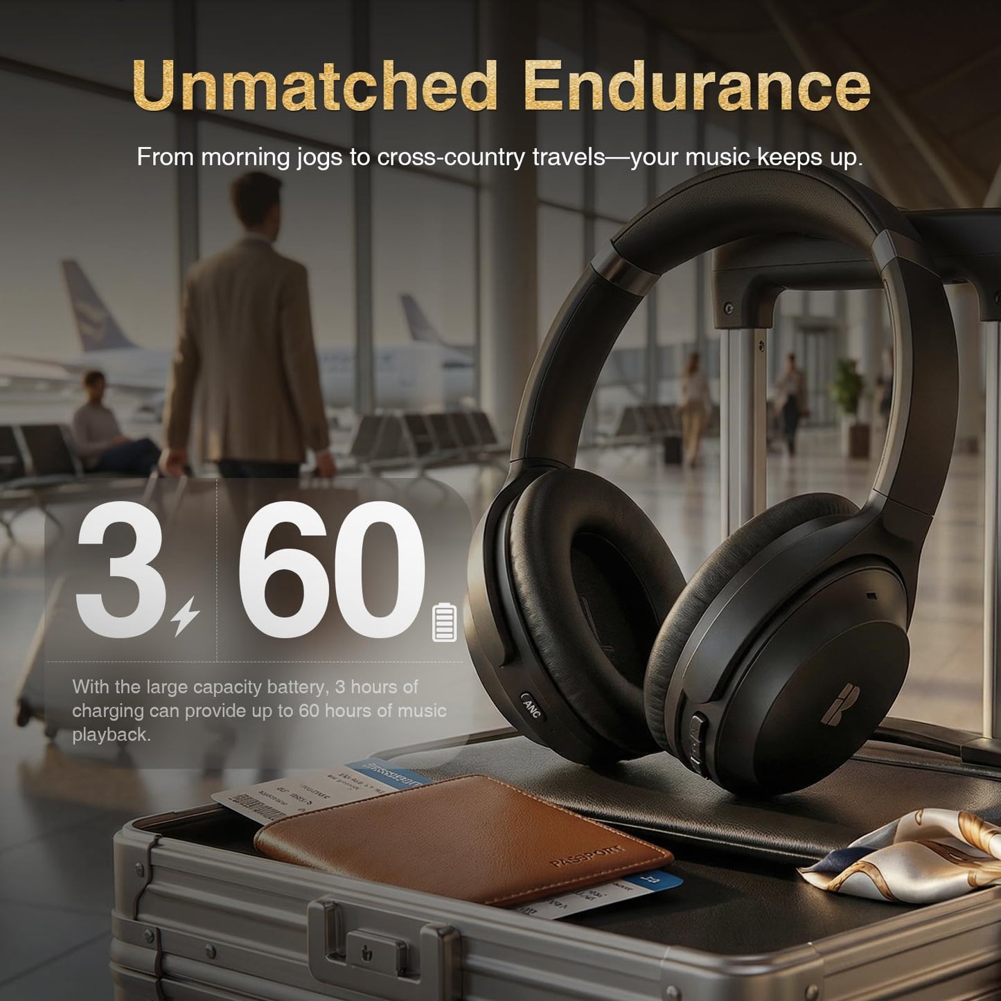 Active Noise Cancelling Headphones, Wireless Over-Ear Bluetooth Headphones ANC, Hi-Res Audio, 60H Playtime, Deep Bass, 3.5MM Cable, Memory Foam Ear…