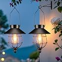Solar Lanterns Outdoor Hanging Metal Vintage Lantern Warm White Solar Lights lamp Waterproof Edison Bulb Design for Pathway Garden Patio Yard Tree