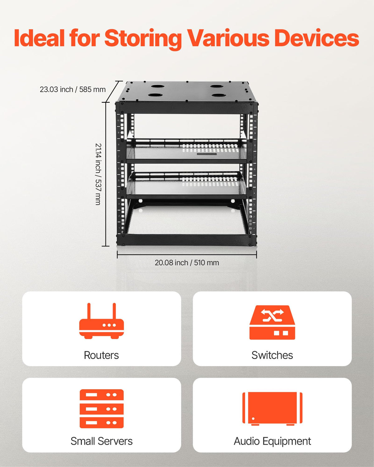 VEVOR 10U Open Frame Network Rack, 23 in Depth, Wall Mounted or Floor Standing Server Rack, Heavy Duty 4 Post, with Vented Shelves & Mounting