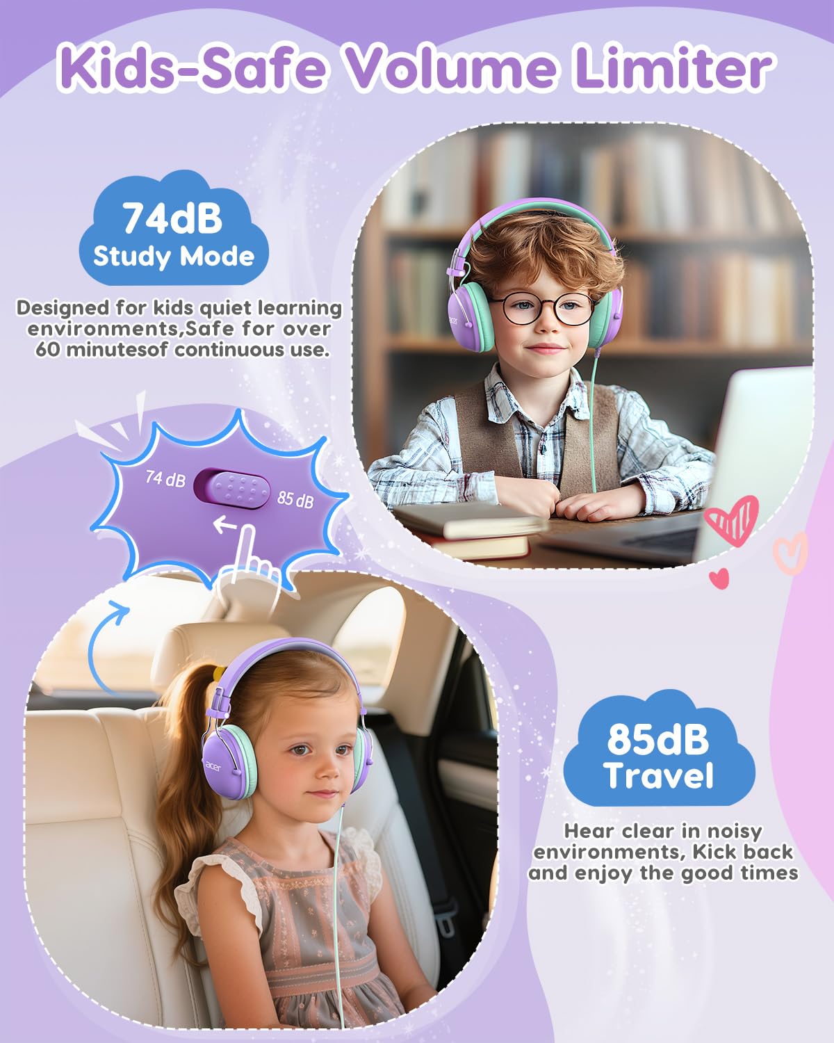Acer Kids Headphones Wired for School, 74-85dB Limiter, Purple-Green OHW342