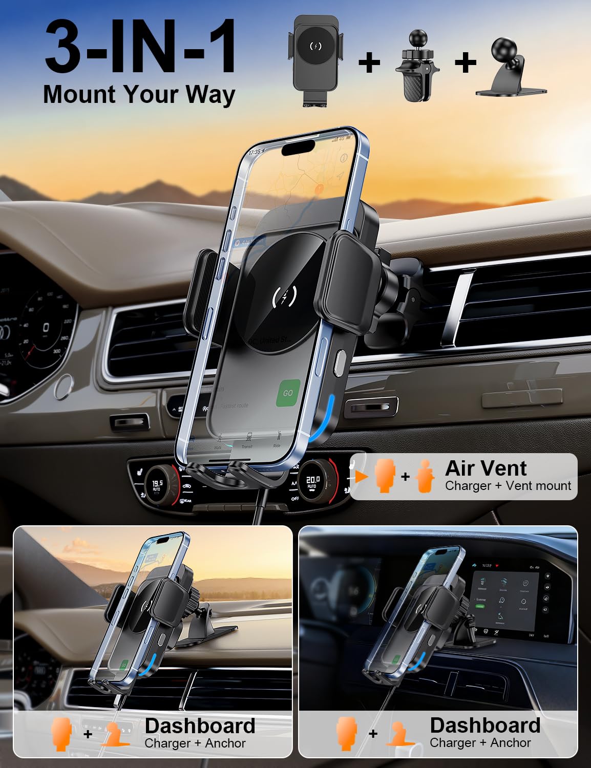 bokilino Wireless Car Charger, 15W Fast Charging [Auto Clamping] [Auto Alignment] Phone Holders for Your Car Dashboard Windshield Air Vent Car