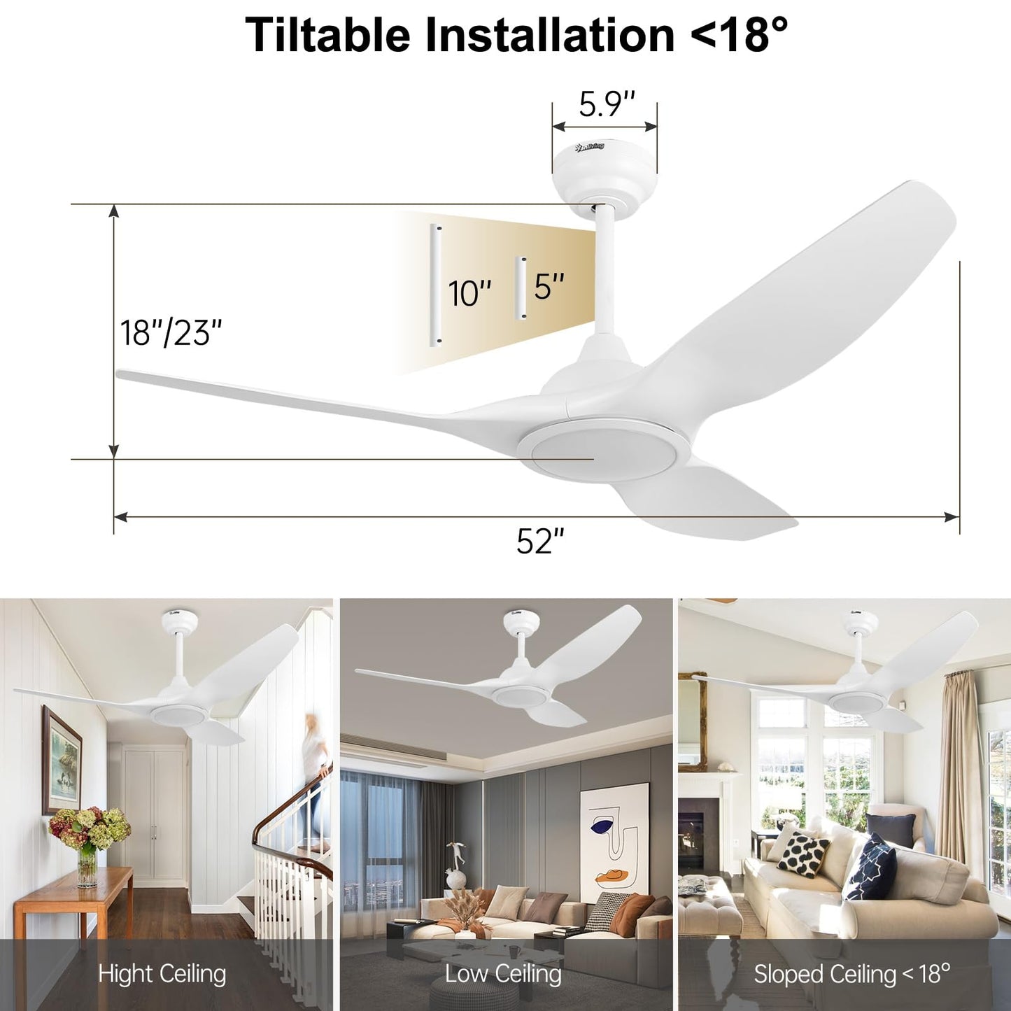 52 Inch 3 Blade Modern White Ceiling Fan with Light Remote Control