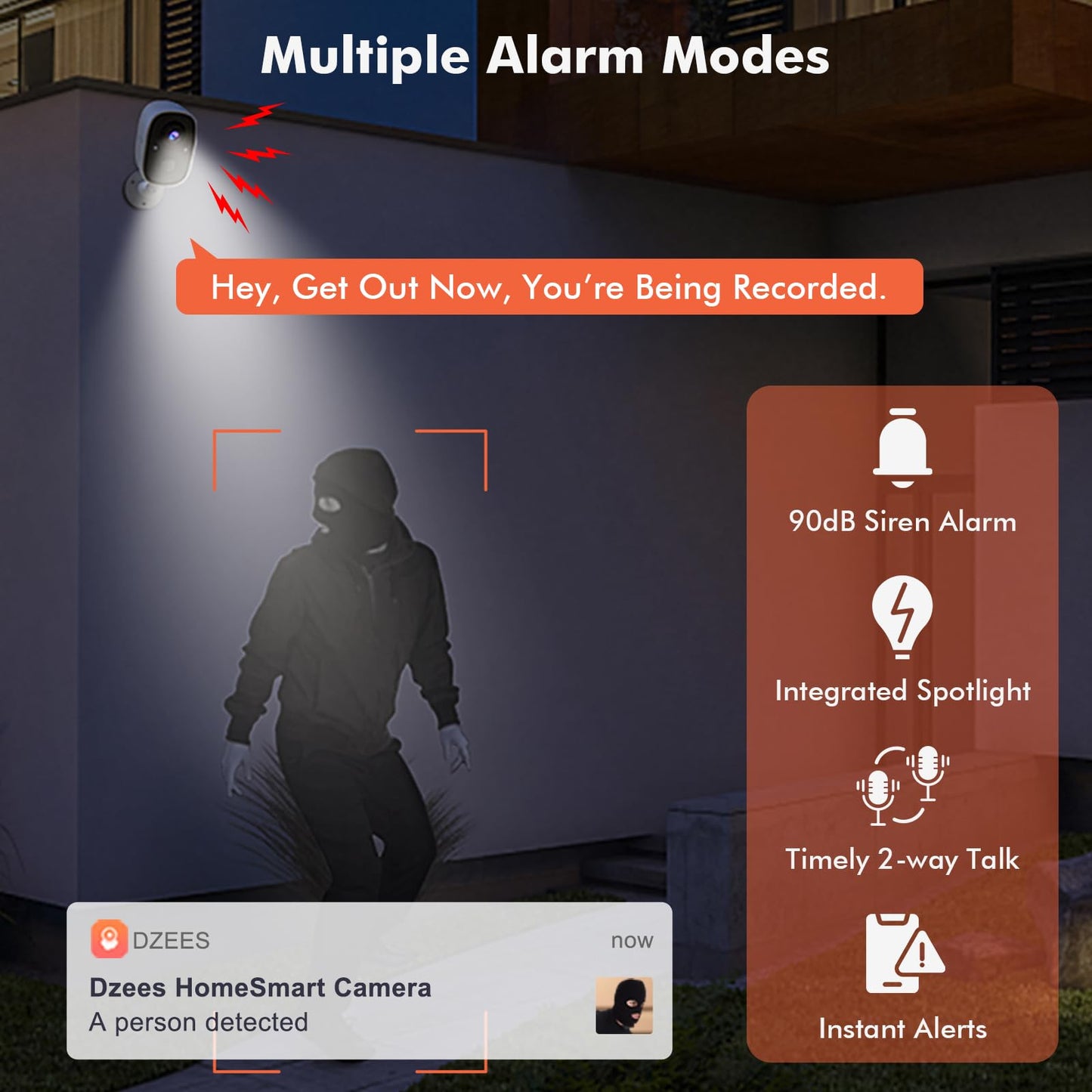 Dzees Outdoor Camera Wireless, 2K Battery Powered WiFi Surveillance Camera for Home Security System with Siren Alarm & Spotlight, Motion Detection