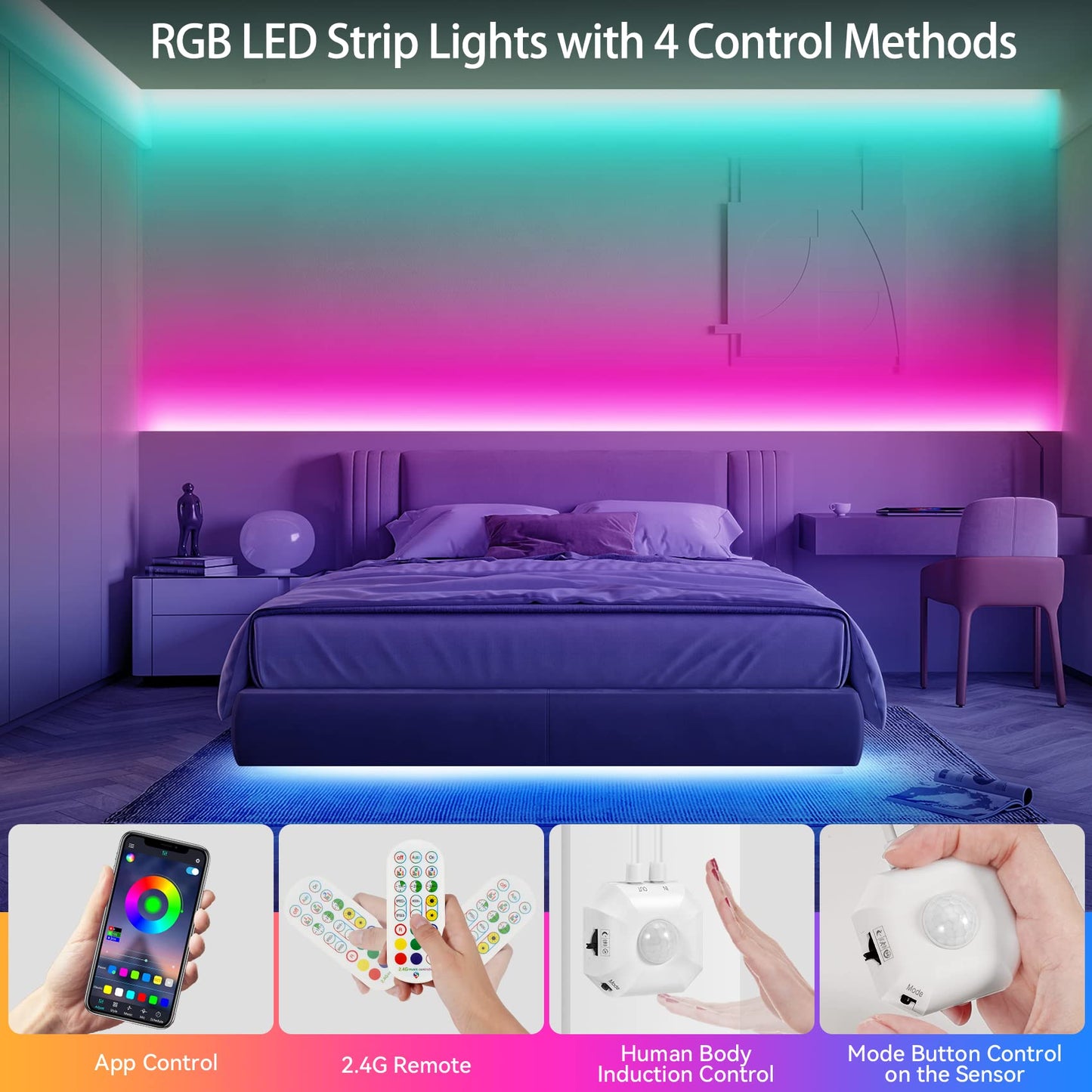 HOUHUI Motion Sensor LED Light Strip, 2x9.8Ft RGB LED Strip Lights Motion Activated Under Bed Lights, App Control Music Sync Strip Lights with Remote
