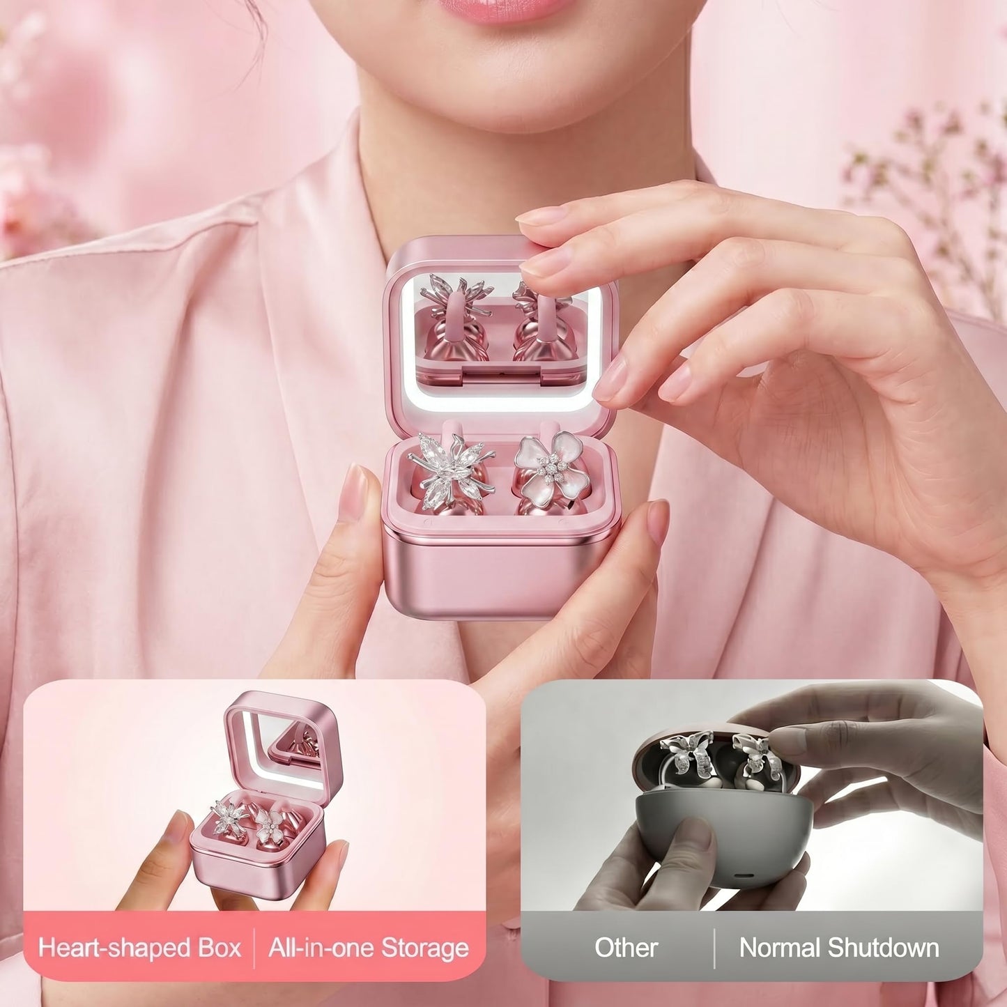 Wireless Earbuds with LED Makeup Mirror Case, Bluetooth 6.0 Open Ear Clip-On Headphones, Cute Pink Air Conduction Earphones for Women, Low Latency