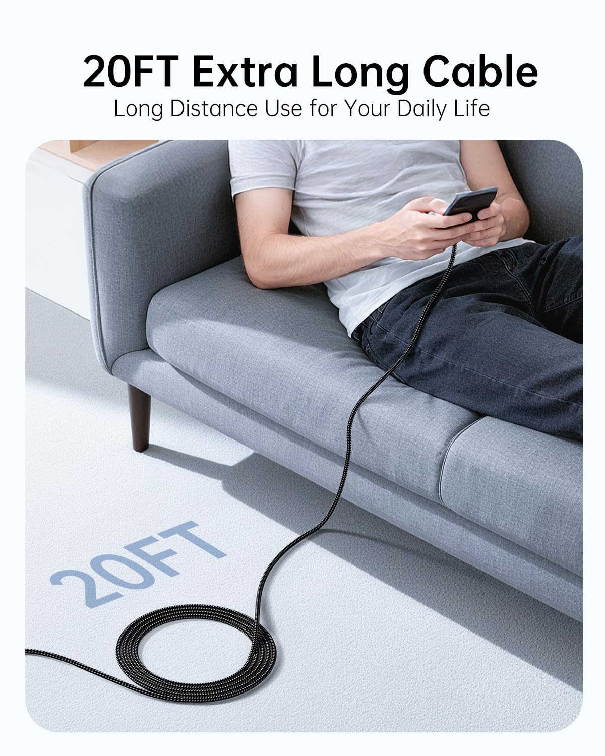 20ft USB C to USB C Cable 60W Fast Charging, Extra Long Braided Type C to C Charging Cable with USB 2.0 Data Transfer for iPhone 15/16/17, Samsung…