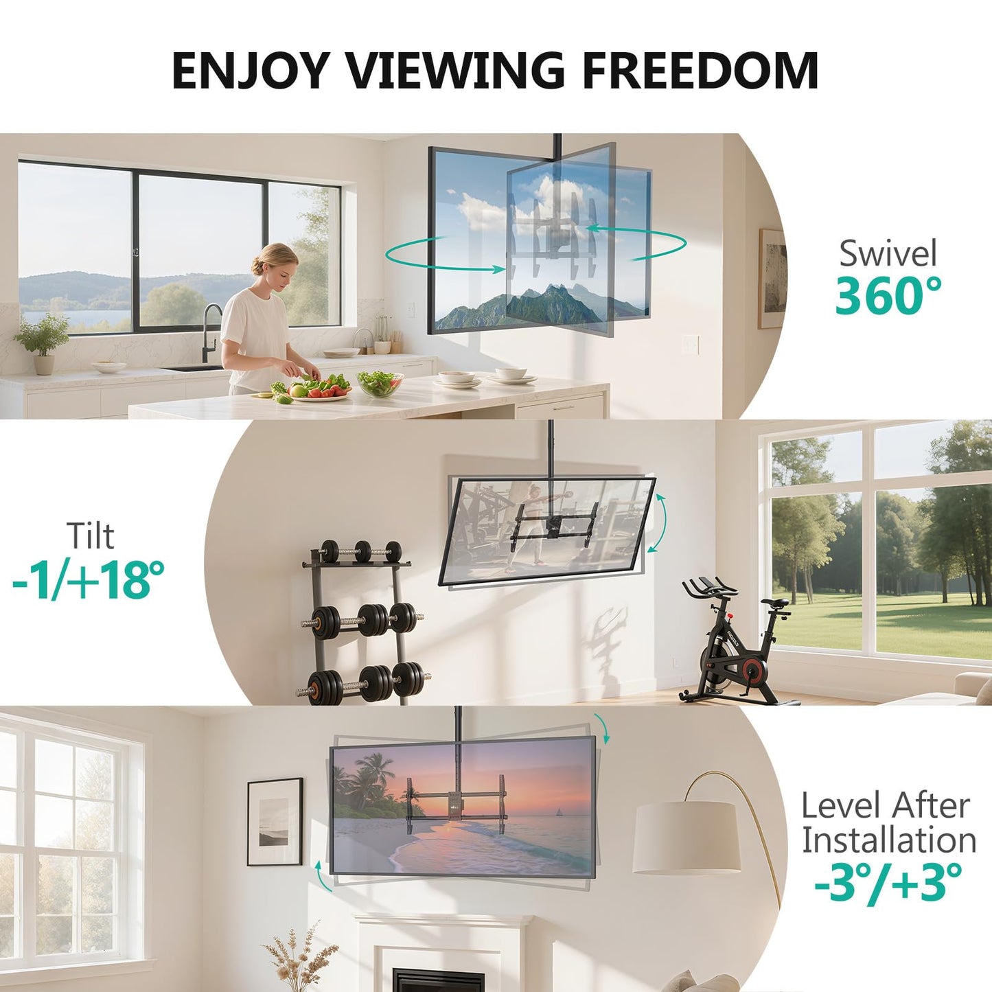 WALI Ceiling TV Mount for 37-90 Inch TVs, Extra Long Arm Ceiling Mount TV Bracket, Telescoping Height Adjustable Hanging Pole TVs Ceiling Mount, Holds
