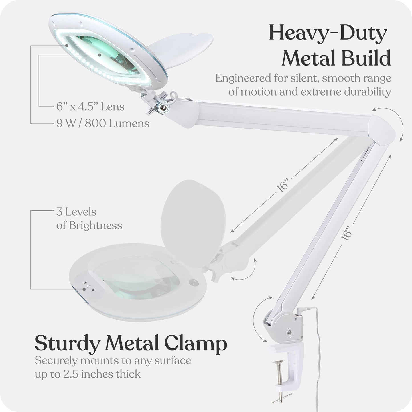Brightech LightView Pro XL Magnifying Desk Lamp with Clamp, Adjustable Magnifying Glass with LED Light for Crafts, Reading, Close Work, Dimmable Light