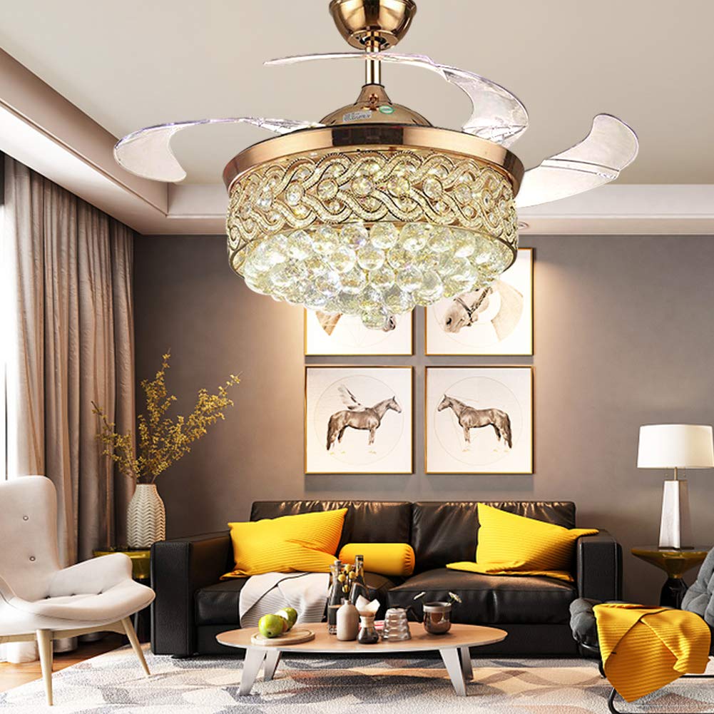 KPIBEST 42 inch Crystal Ceiling Fan with Light and Remote Control, Invisible Retractable Chandelier Ceiling Fans Lighting with 3 Lights Level and 3