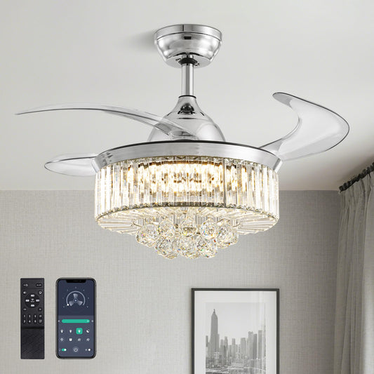36" Fandelier, Crystal Ceiling Fan with Lights and Remote, Invisible Retractable Dimmable Chandelier Fan, 6-Speed Reversible Timer Ceiling Fan Light