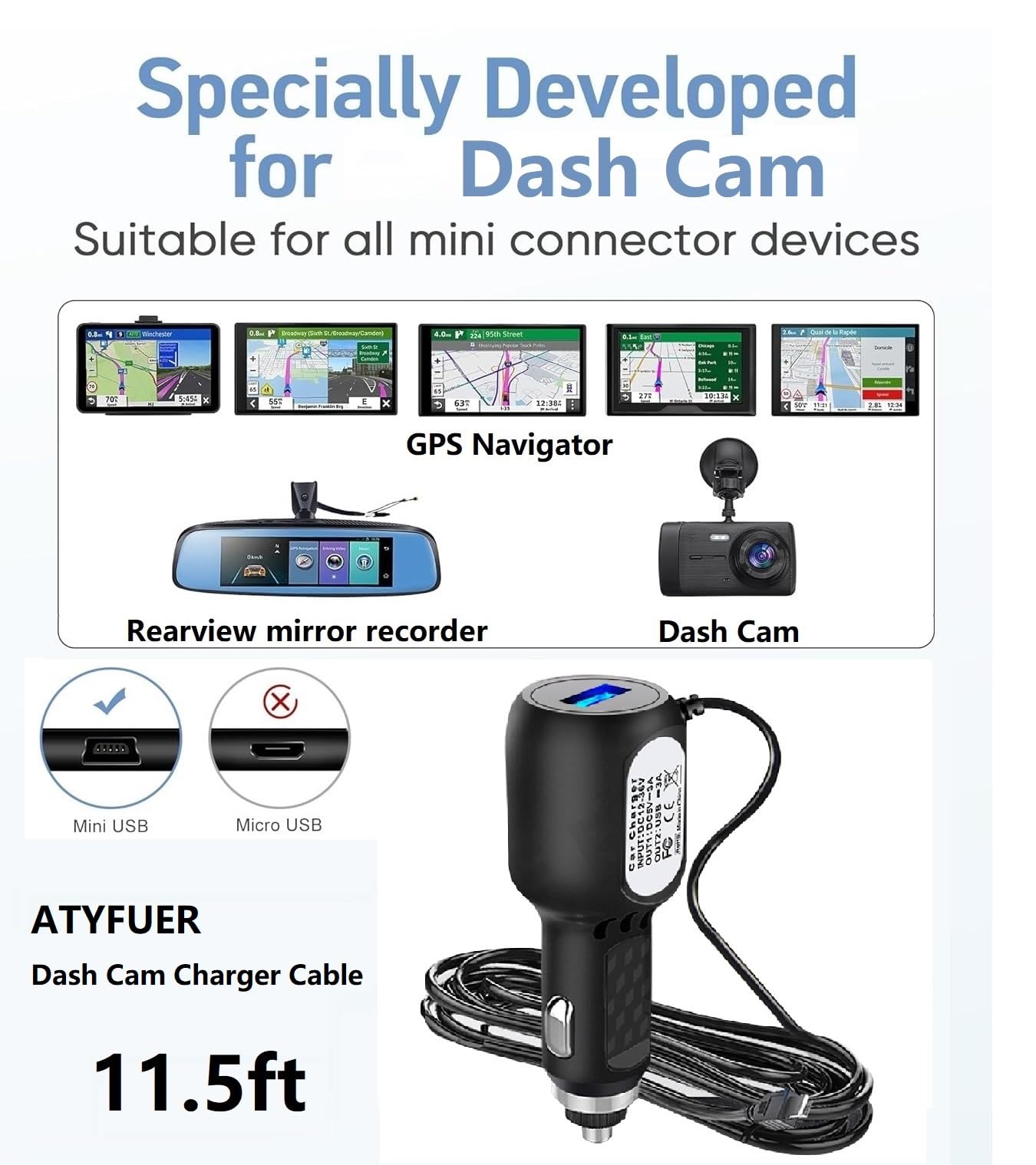 ATYFUER Dash Cam Charger Cable GPS Navigator Power Cord for Dash Cam GPS MP3 Player GPS Navigator Charging for 12V Car and 24V Truck Car Power Adapter