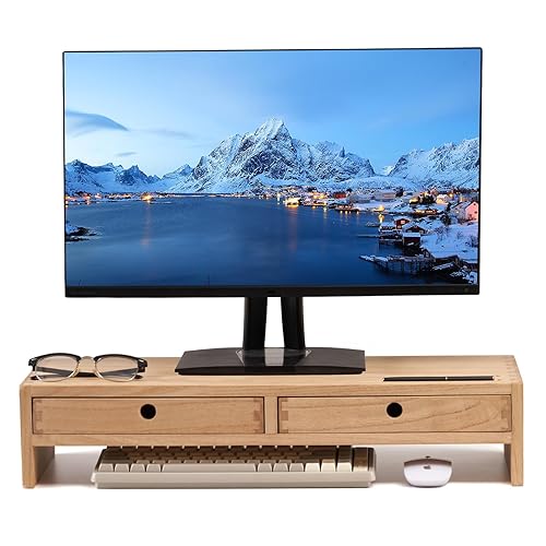 KIRIGEN Wood Monitor Stand with 2 Drawers - Computer Arm Riser Desk Storage Organizer,Speaker TV Laptop Printer Stand with Pen Slot and Cable