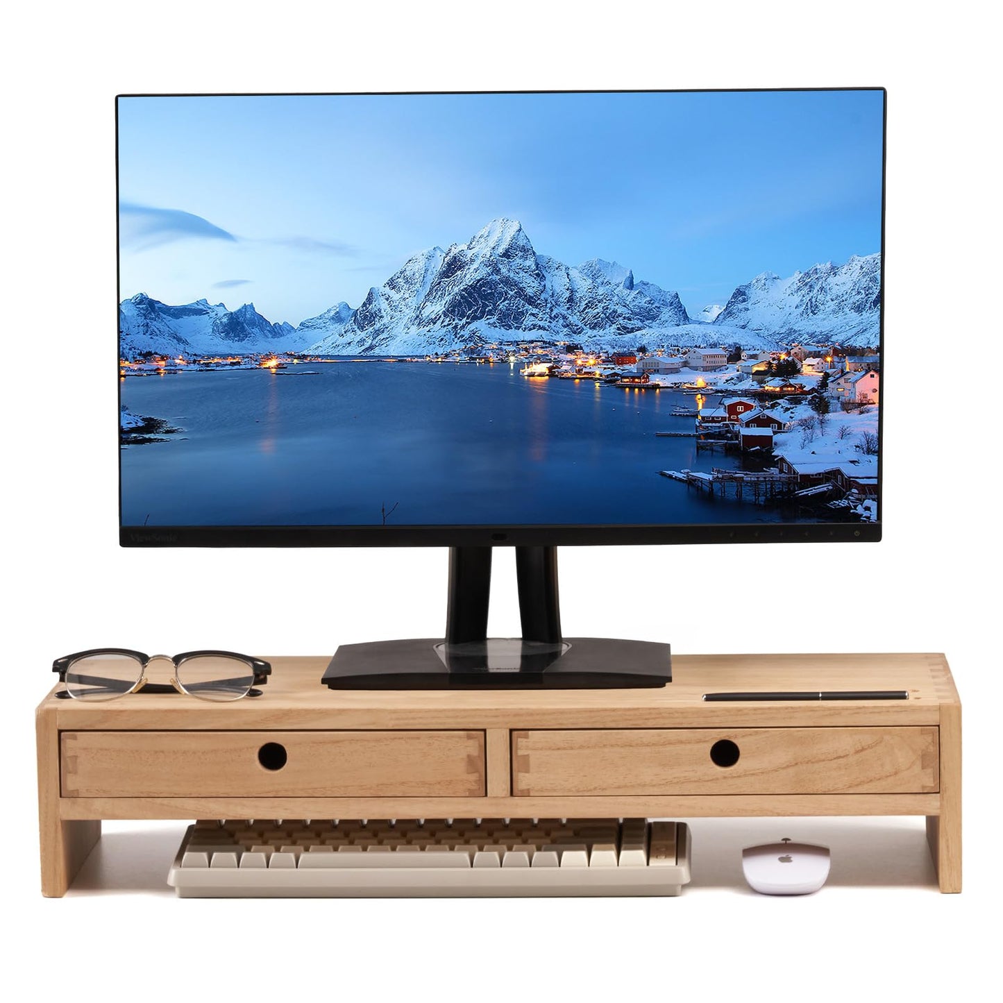 KIRIGEN Wood Monitor Stand with 2 Drawers - Computer Arm Riser Desk Storage Organizer,Speaker TV Laptop Printer Stand with Pen Slot and Cable