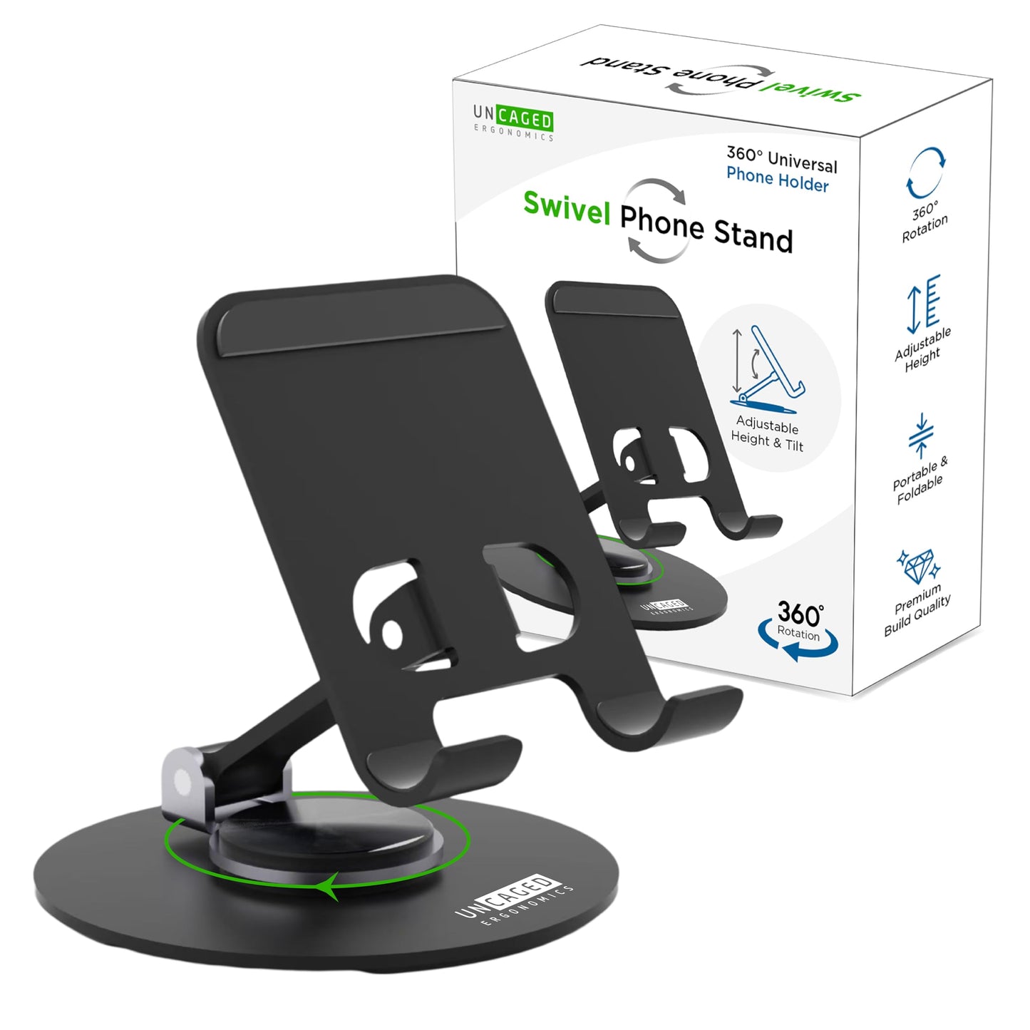 Uncaged Ergonomics 360° Swivel Rotating Adjustable Phone Stand for Desk, Portable & Foldable Cell Phone Stand for Desk, Compact Mobile Stand