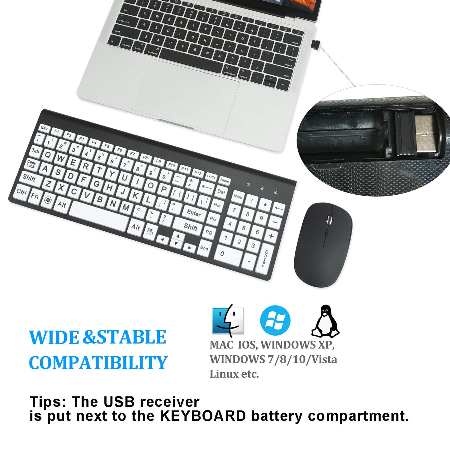 Full Size Large Print 2.4g Wireless Keyboard and Mouse with Oversized Print for Visually Impaired Low Vision Individuals (Black)