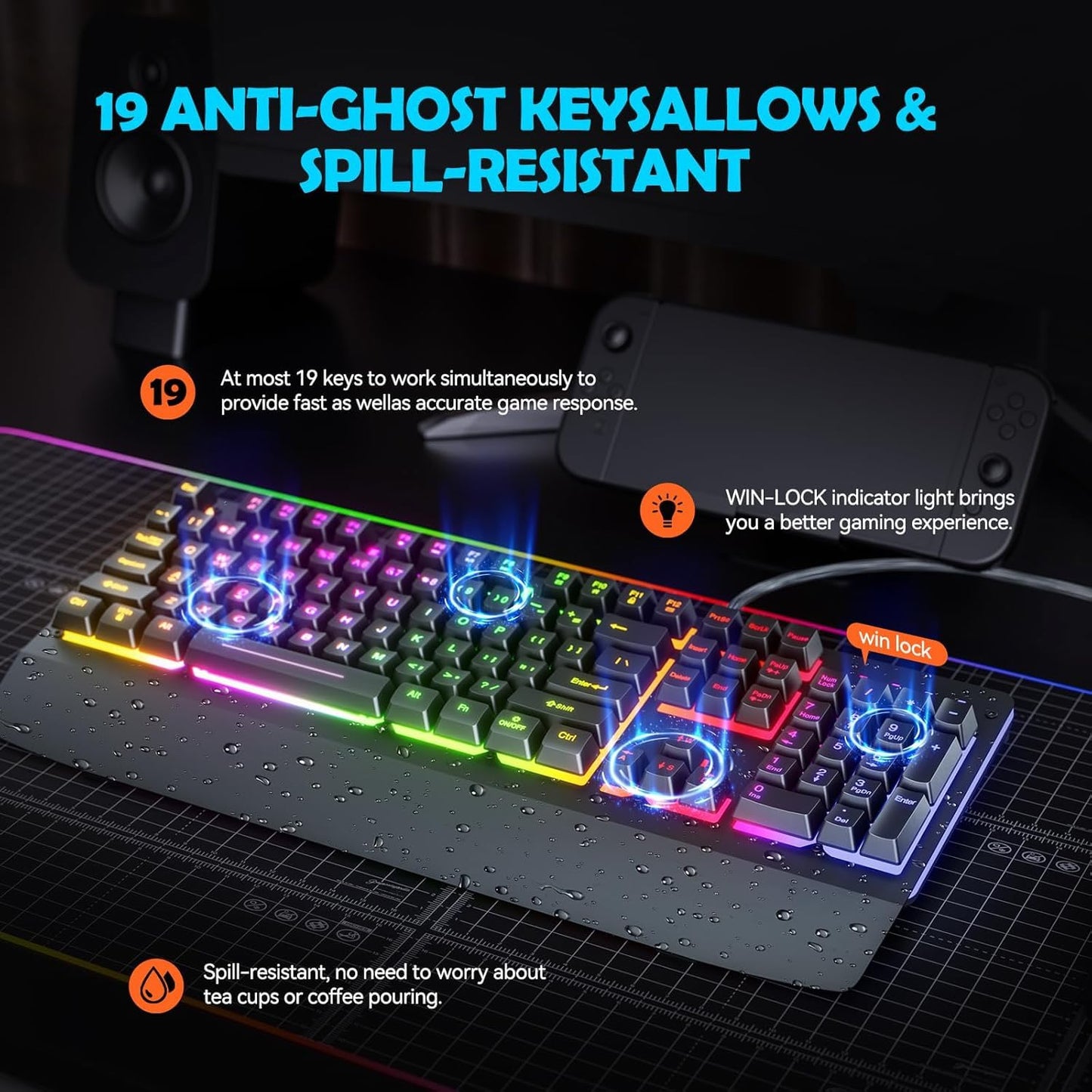 Wired Gaming Keyboard,RGB Light Up Keyboard with Wrist Rest,104Keys All Metal Panel Rainbow Backlit for Gaming,Silent Computer with Multimedia