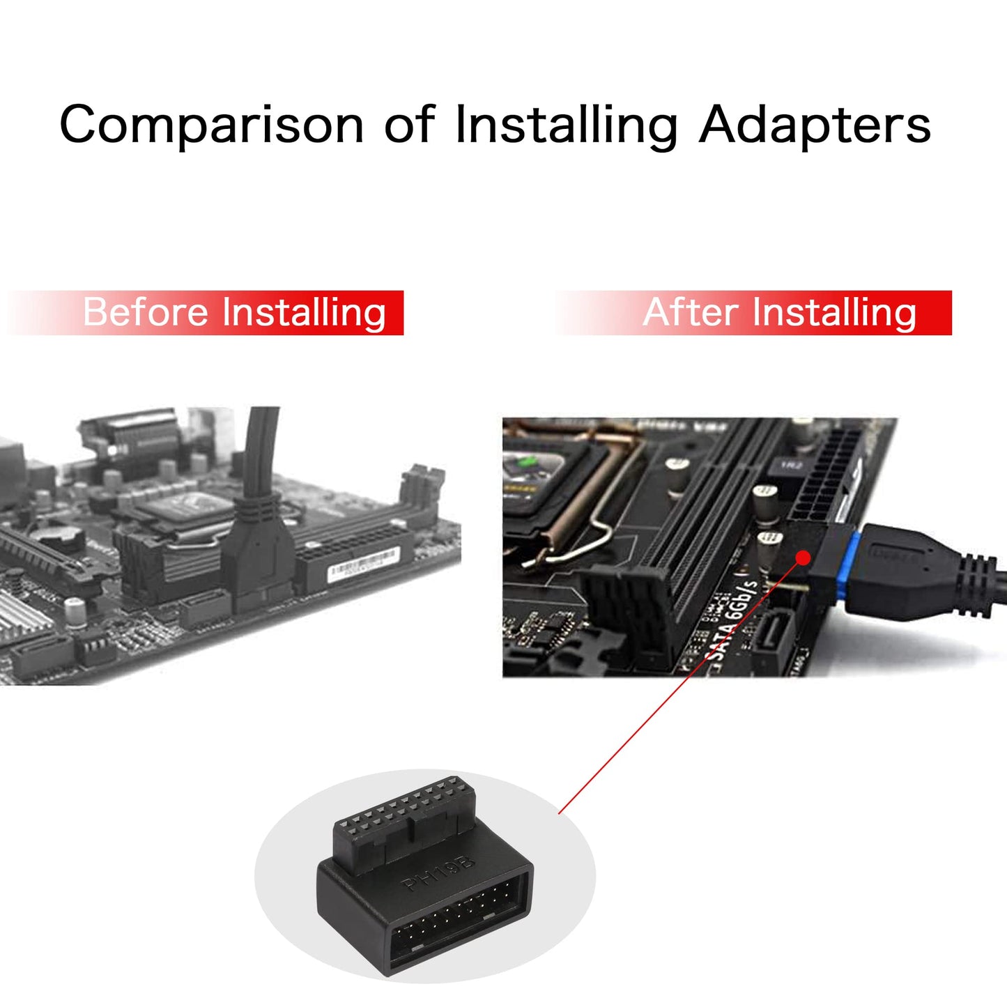 QIANRENON USB 3.0 19/20 Pin 90 Degree Adapter Male to Female L Turn Right Angle Socket for Desktop Motherboard Internal Connector Down Angled(PH19B)
