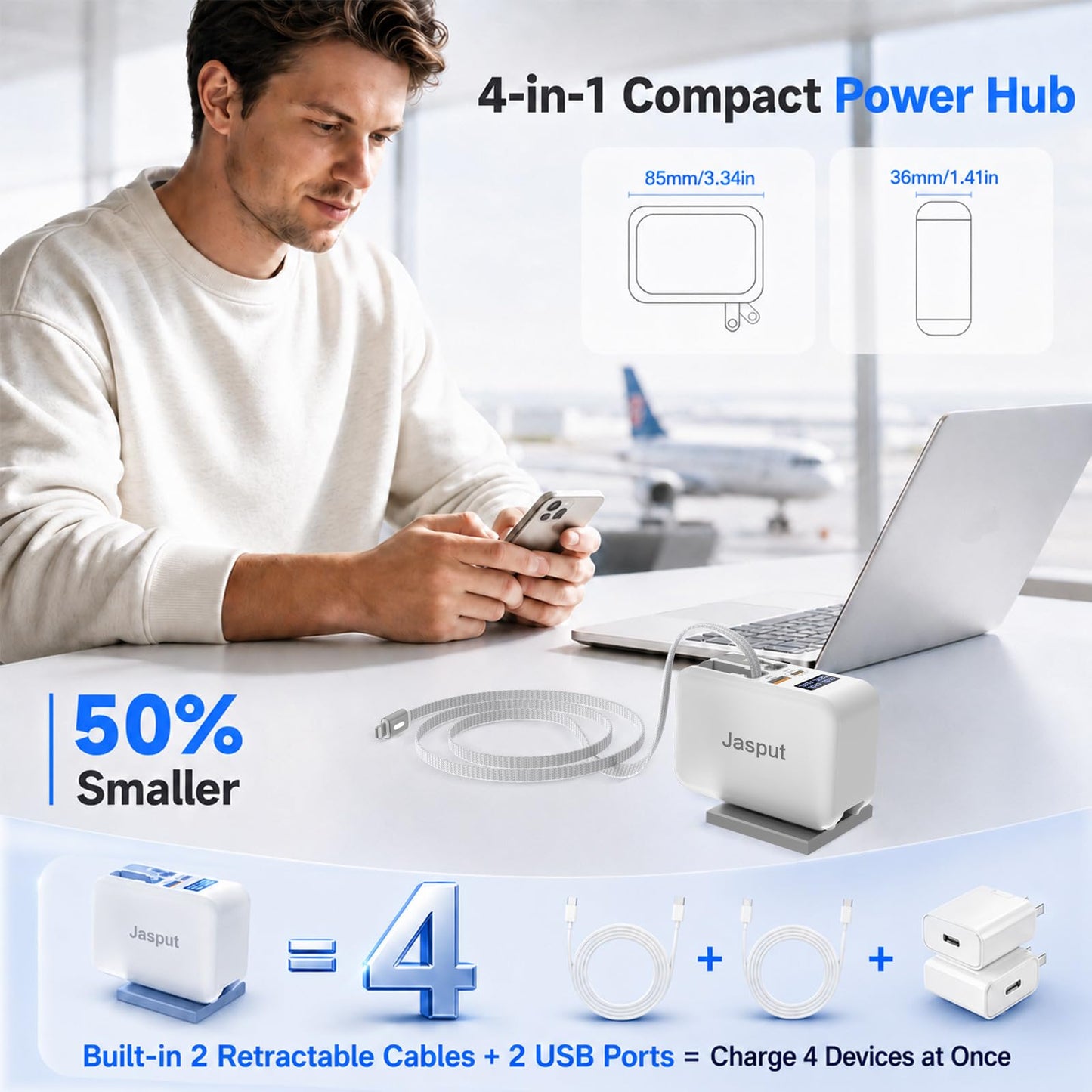 Jasput 67W Retractable Wall Charger, 4in1 GaN Fast Charger with 3.3FT Built-in USB-C & for iPhone Cables, LED Display, Foldable Travel Charger