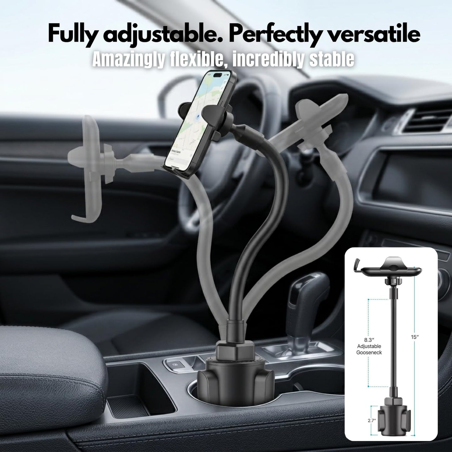 Esoulk] Upgraded 15" Cup Holder Phone Holder for Car, Adjustable Long Gooseneck Phone Mount with Stable Expandable Base for iPhone 17/16/15/14 Pro