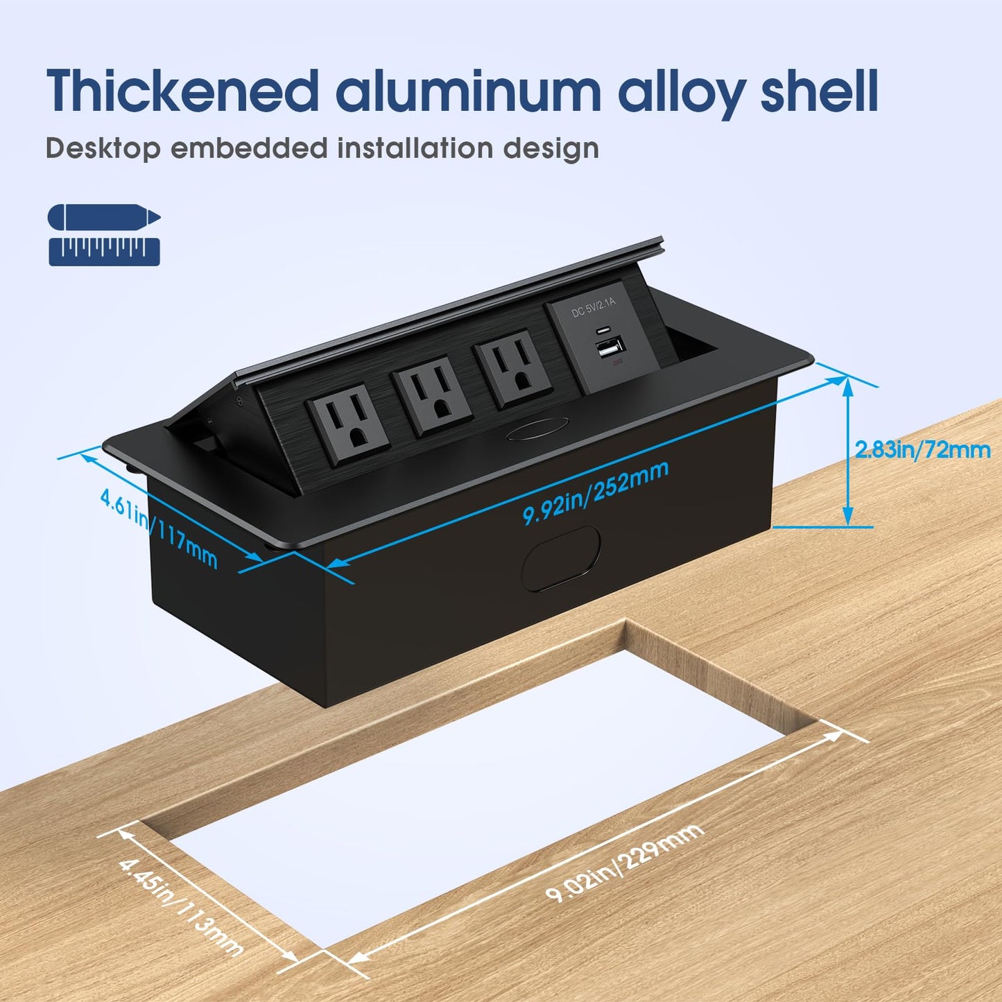 KYHSHJ Connection Box Desktop Pop Up Outlet with 3 * 15A Receptacle?2.1A 1 USB-A Ports &1 USB-C Port?Corrosive Resistant Hardware,Black