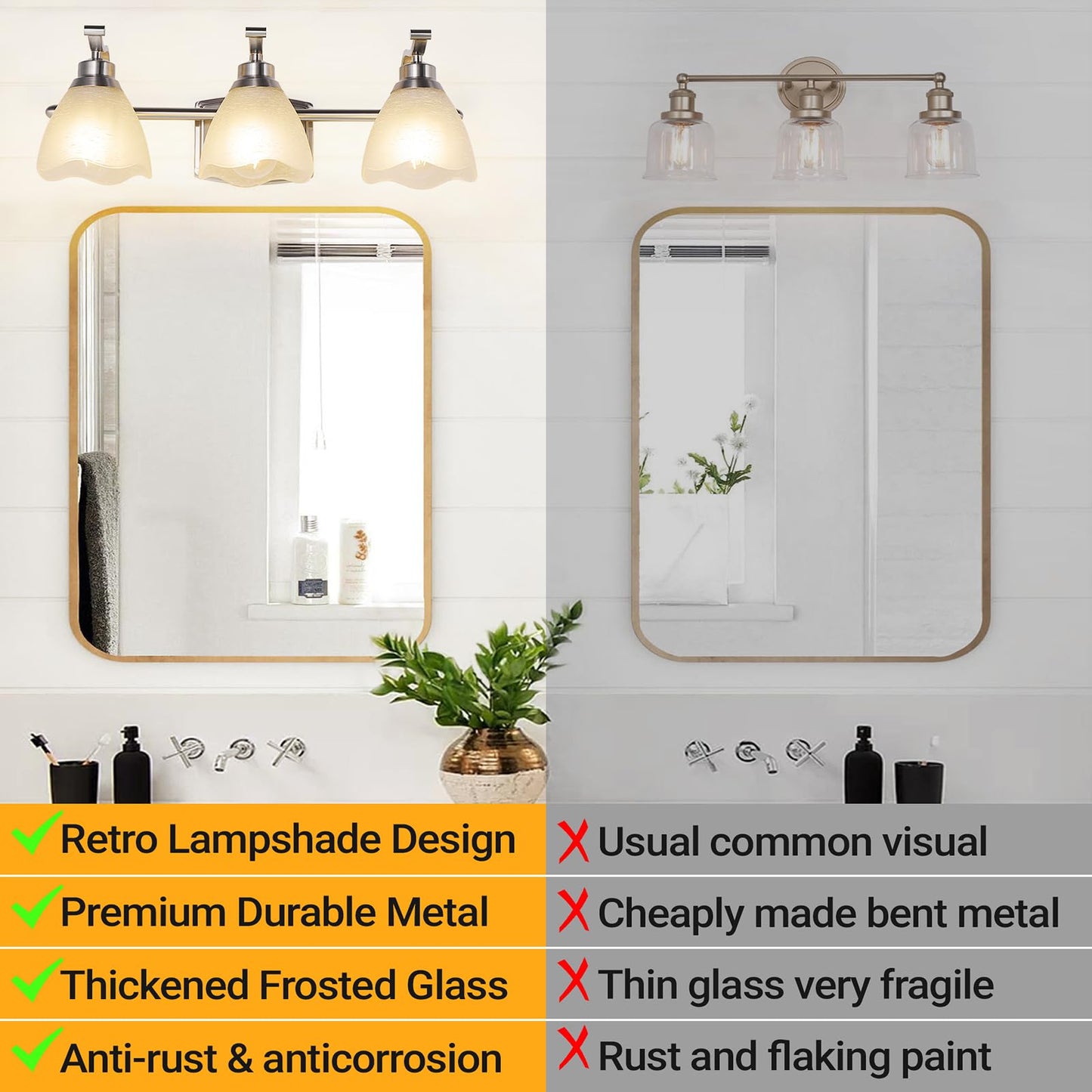 WJShome 19.5" Bathroom Light Fixtures, 3-Light Vanity Lights with Frosted Glass Shades, Brushed Nickel Wall Sconces, for Mirror Bedroom Hallway