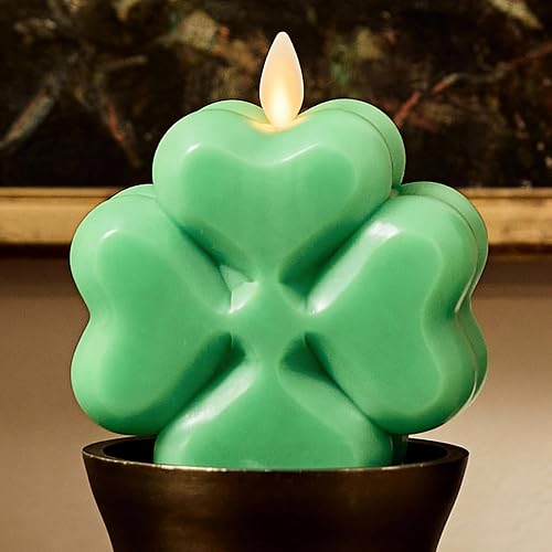 Luminara 4-Leaf Clover Candle - Flickering Real-Flame Technology- Flameless LED- Remote Ready- Classic Green St. Patrick's Day Shamrock- 3.9" x 4.3"
