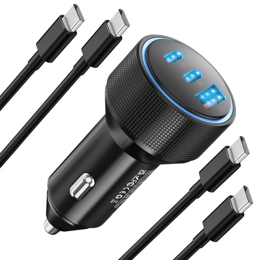 for iPhone 15/16 Pro Max Car Charger, 72W 3-Port Fast USB C Car Charger Power Cigarette Lighter Adapter with 2x3FT USB C to C Cable for iPhone 15/15