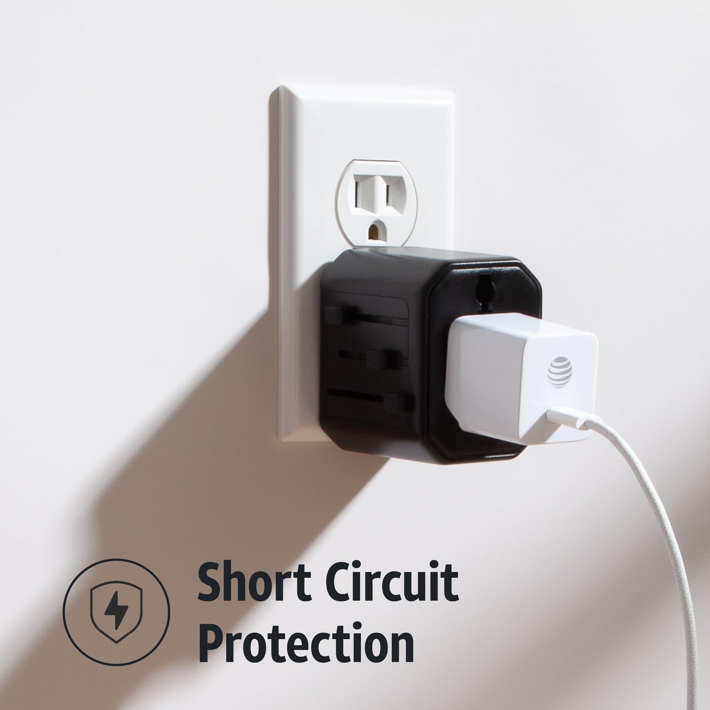 AT&T Professional 12W Universal Travel Adapter with Multi-Port USB-C and USB-A International Power Compatibility USA EU UK AUS Plug Options Black