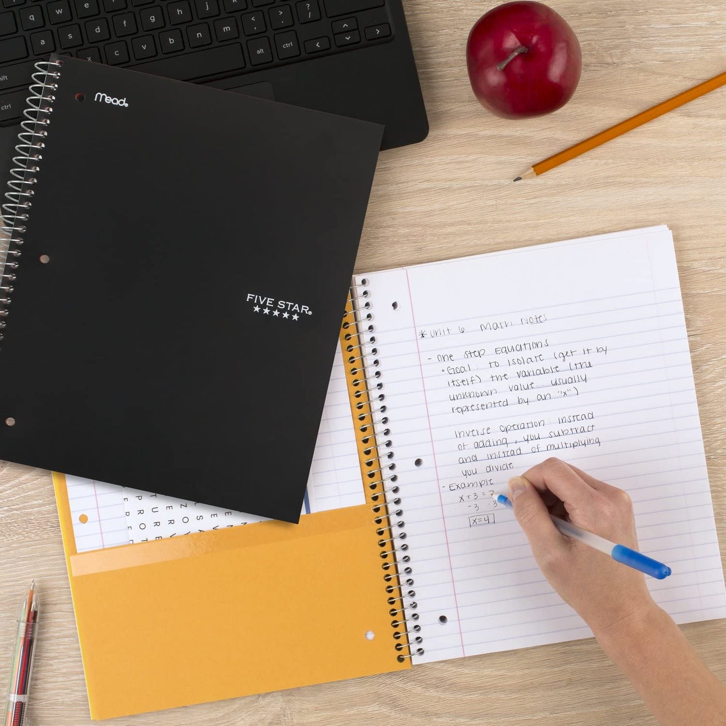Five Star Spiral Notebook + Study App, 1 Subject, Wide Ruled Paper, 8" x 10-1/2", 100 Sheets, Fights Ink Bleed, Water Resistant Cover, Black (72021)