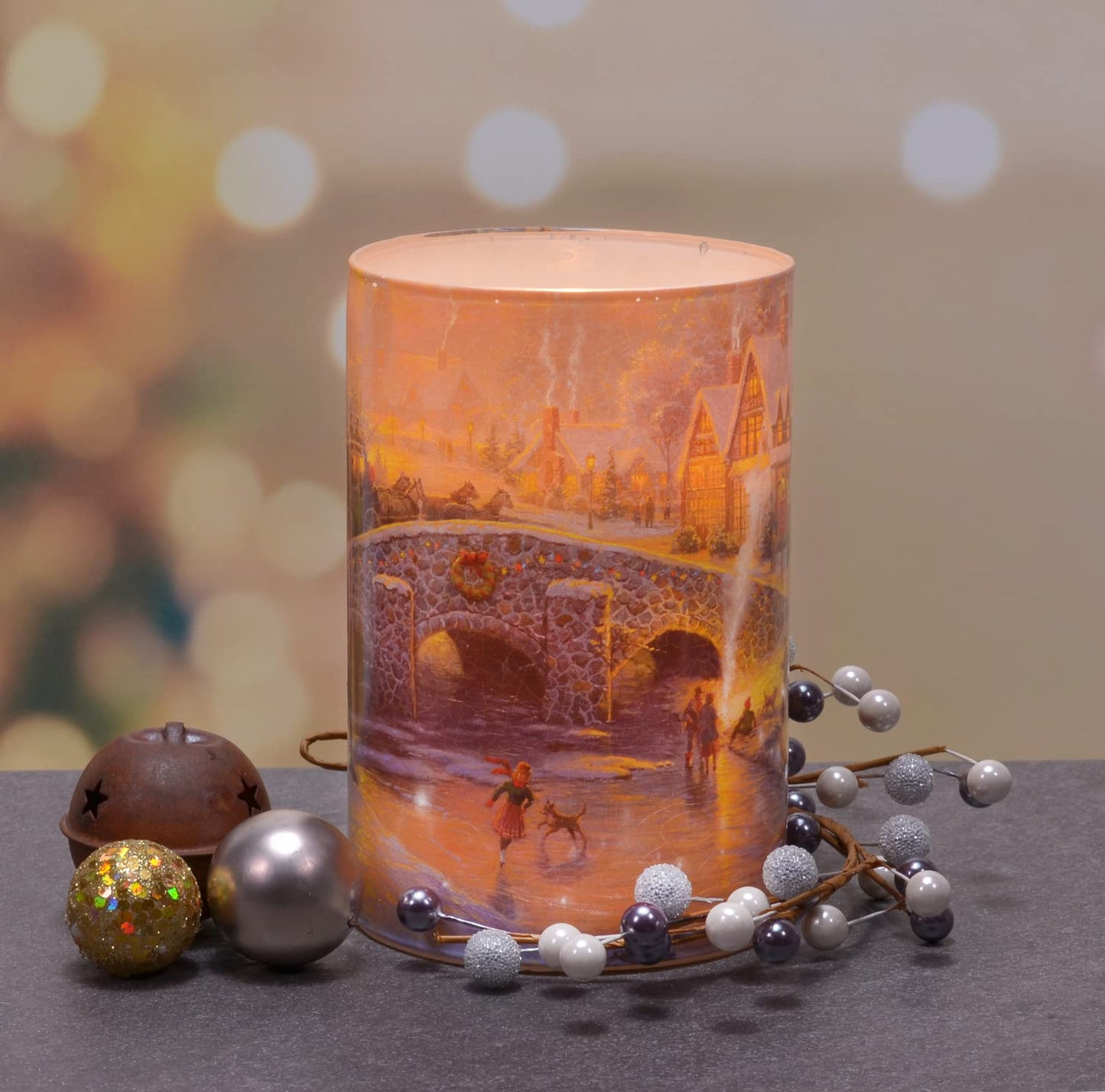 Mark Feldstein & Associates Thomas Kinkade Spirit of Christmas Flameless LED Glass Pillar Candle, 4 x 6 Inch