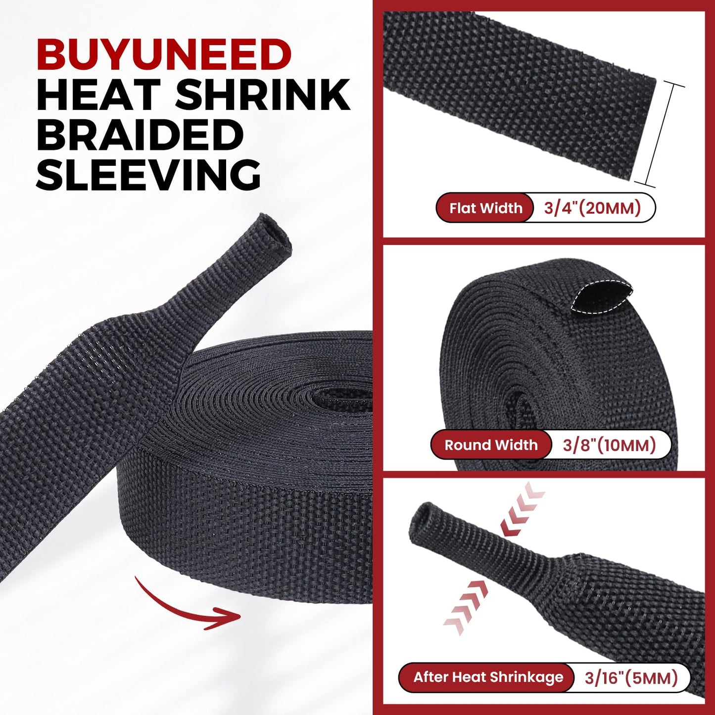 BuyUneed Braided Sleeving Heat Shrinkable Fabric 2:1 Ratio- Abrasion Protection Flexibility Wiring Harness Cable Sheath (3/8" ID, 16ft)