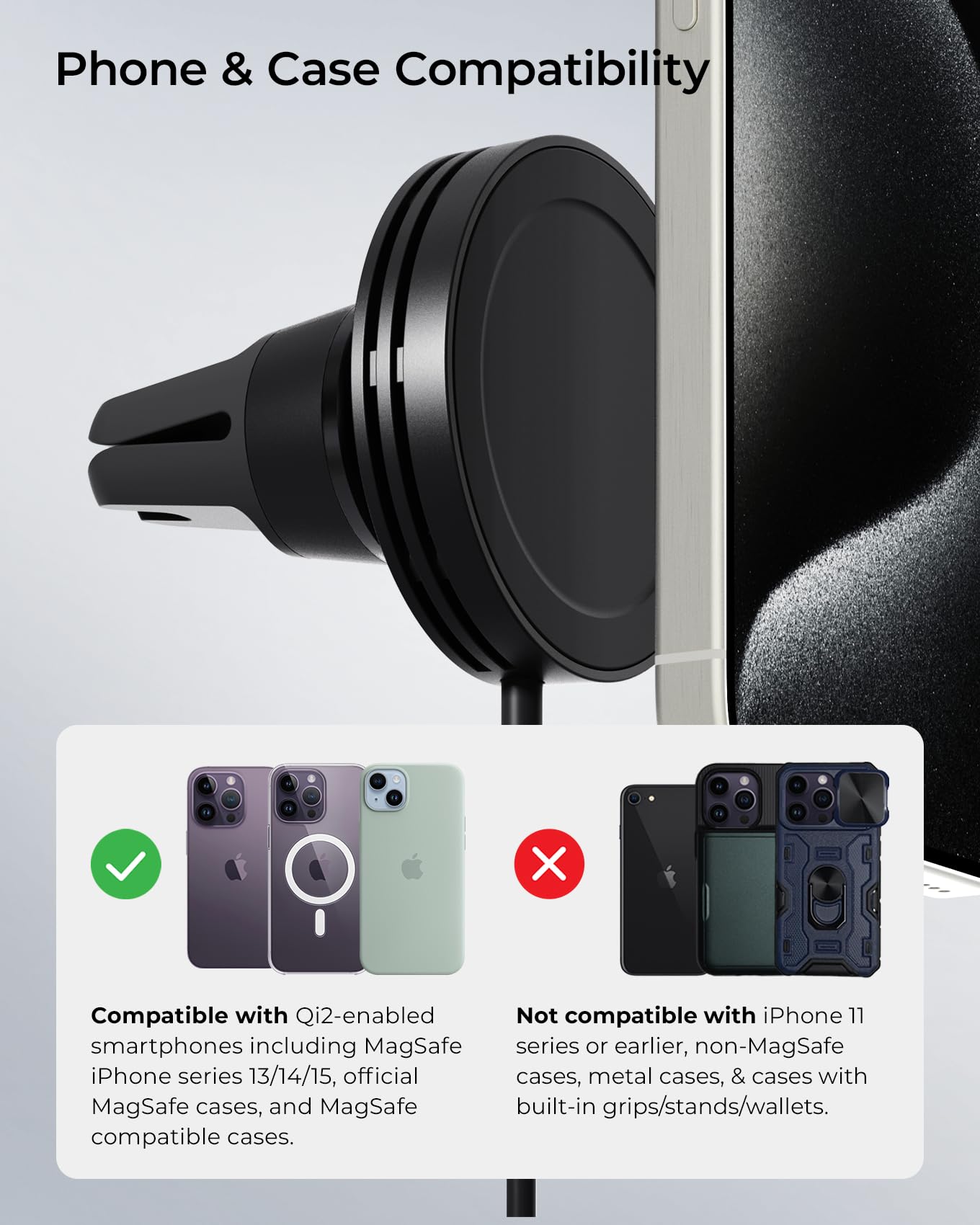 iOttie Velox Qi2 Mini Wireless Charging Car Mount - MagSafe Compatible Air Vent Phone Mount with 15W Charging for Qi2-enabled Smartphones Including