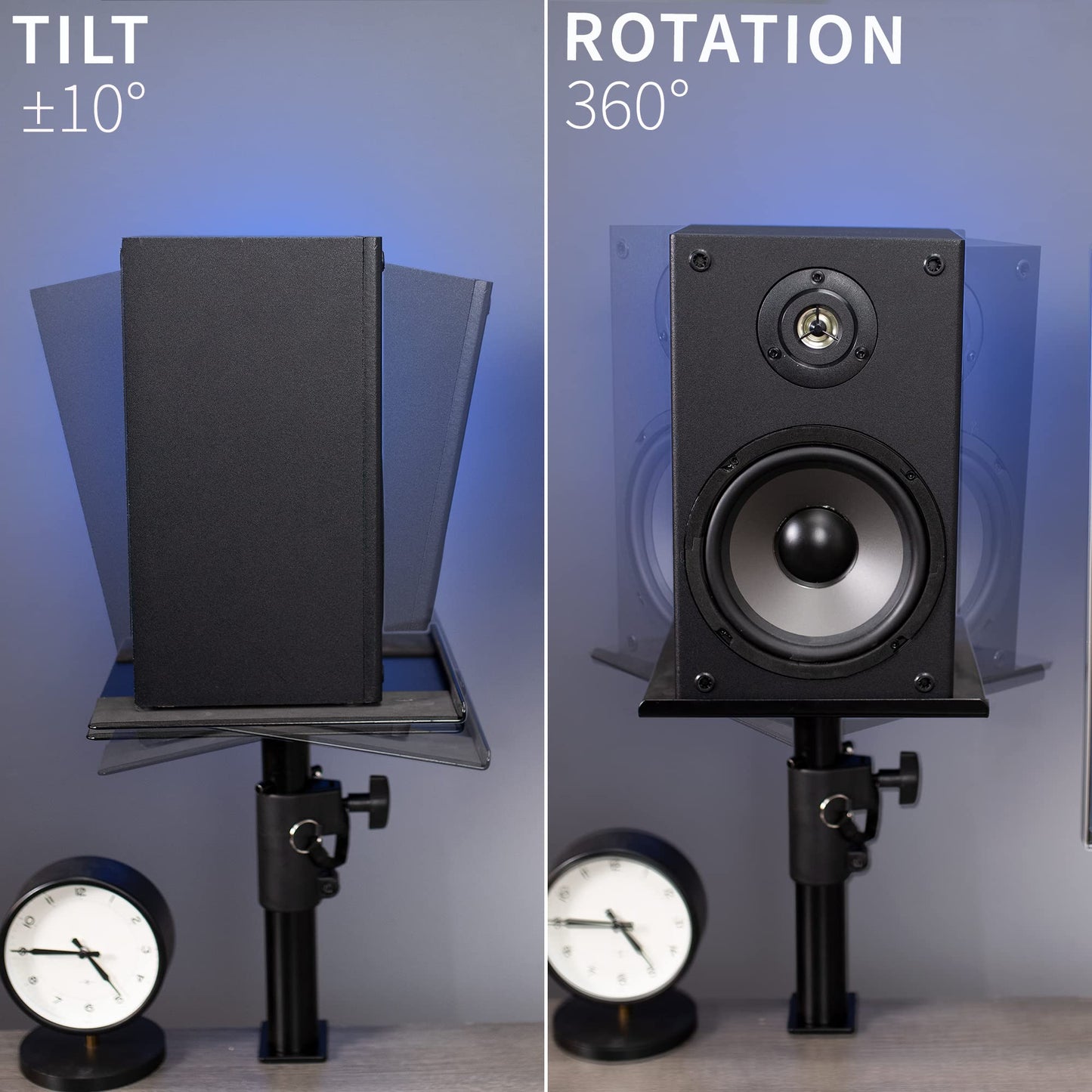 VIVO Clamp-on Speaker Stand Desk Mount Set, 10 x 9 inch Trays, Height Adjustment and Tilt, Universal Audio Holders for Computer and Bookshelf