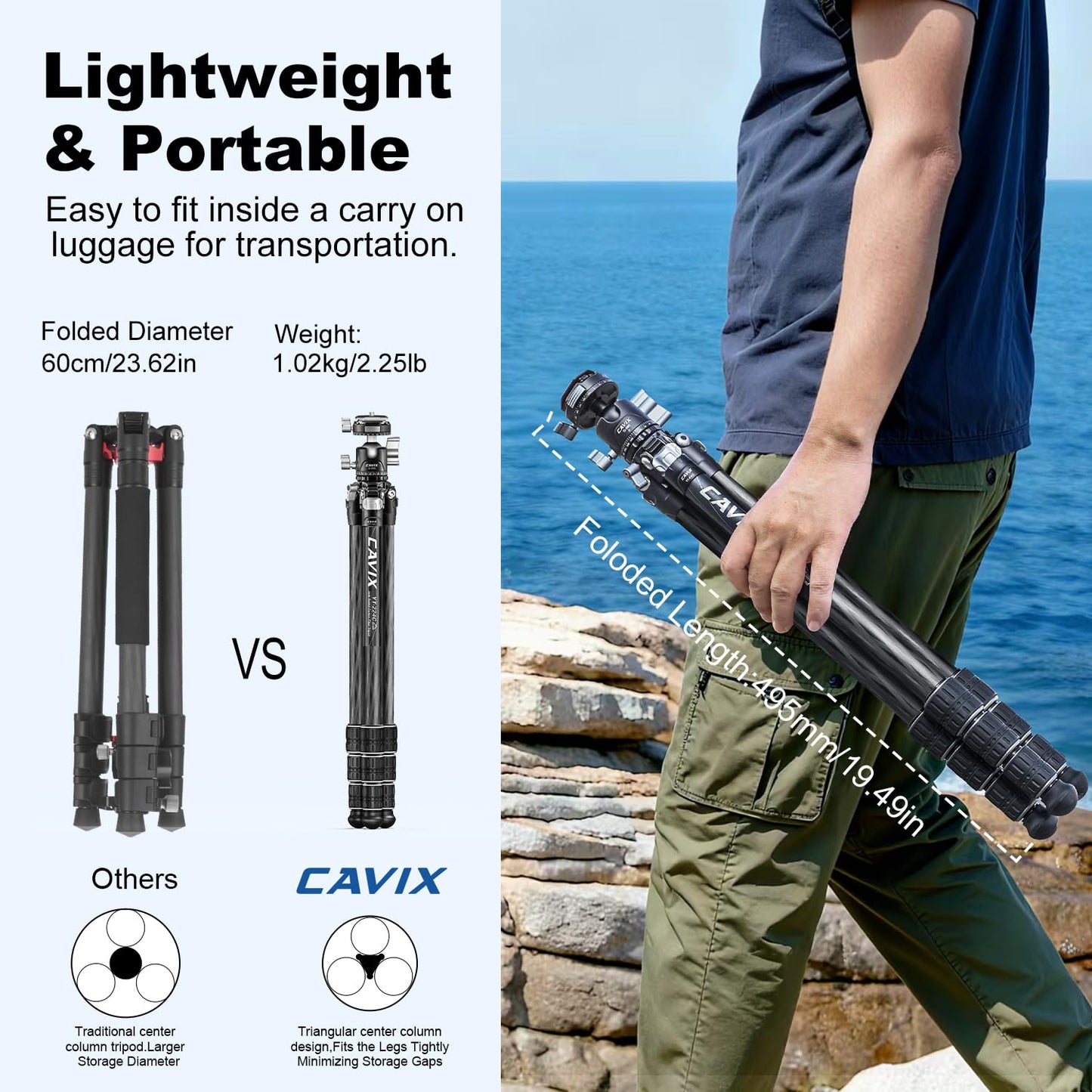CAVIX Carbon Fiber Tripod, Lightweight Tripod for Camera, 360°Panorama Ball Head, 1/4" Arca Quick Release Plate, Max Load 33lb/15kg, with Portable