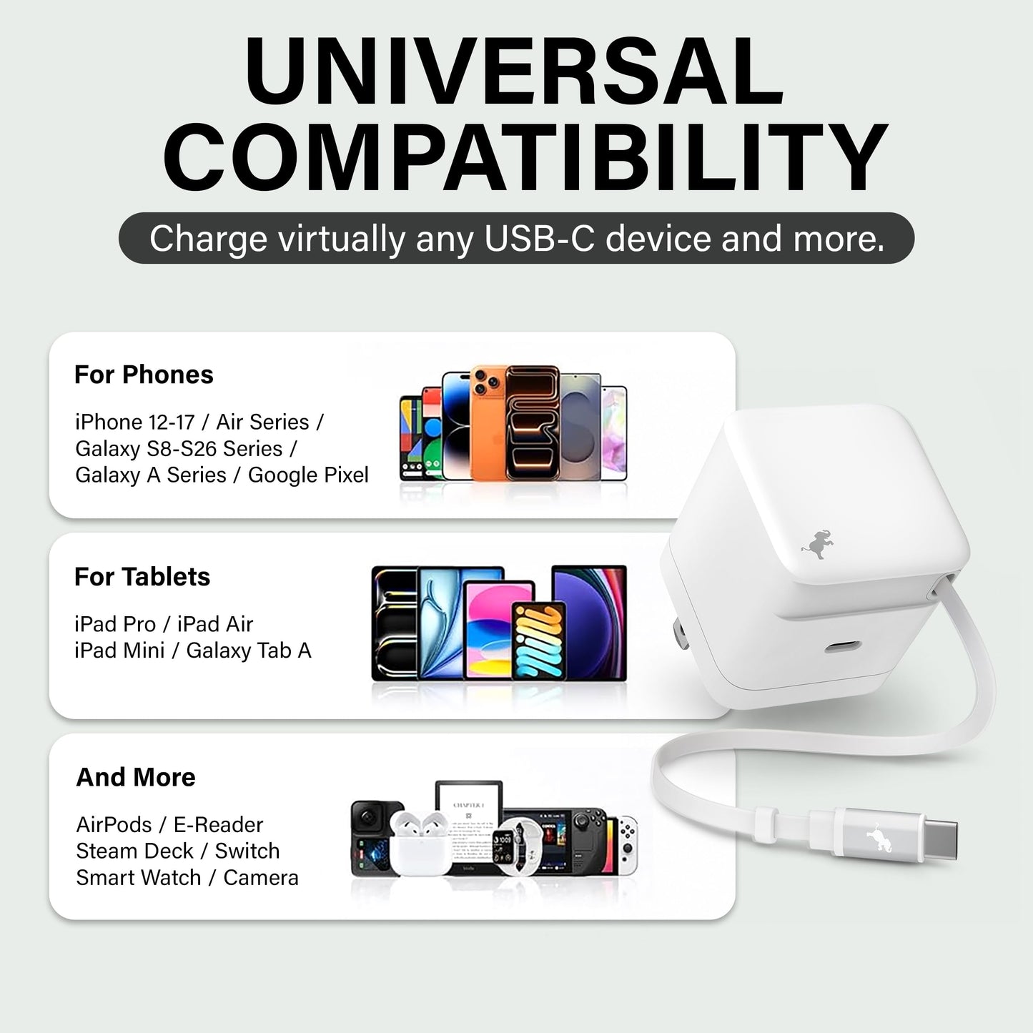 Nimble Wally Stretch 65W Wall Charger - Fast Charger with Retractable 2ft Cable, USB-C Port, and Foldable Plug for iPhone 17/16/15/14, Galaxy S25