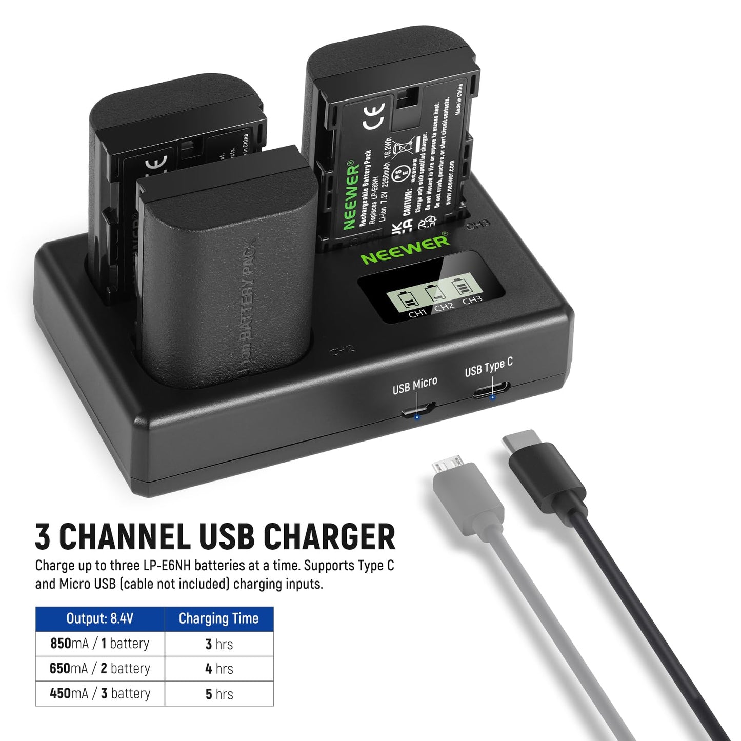 NEEWER Replacement Battery and Charger Set for LP-E6NH, 2250 mAh Replacement for LP-E6NH Battery & Triple Slot USB Charger Compatible with Canon EOS