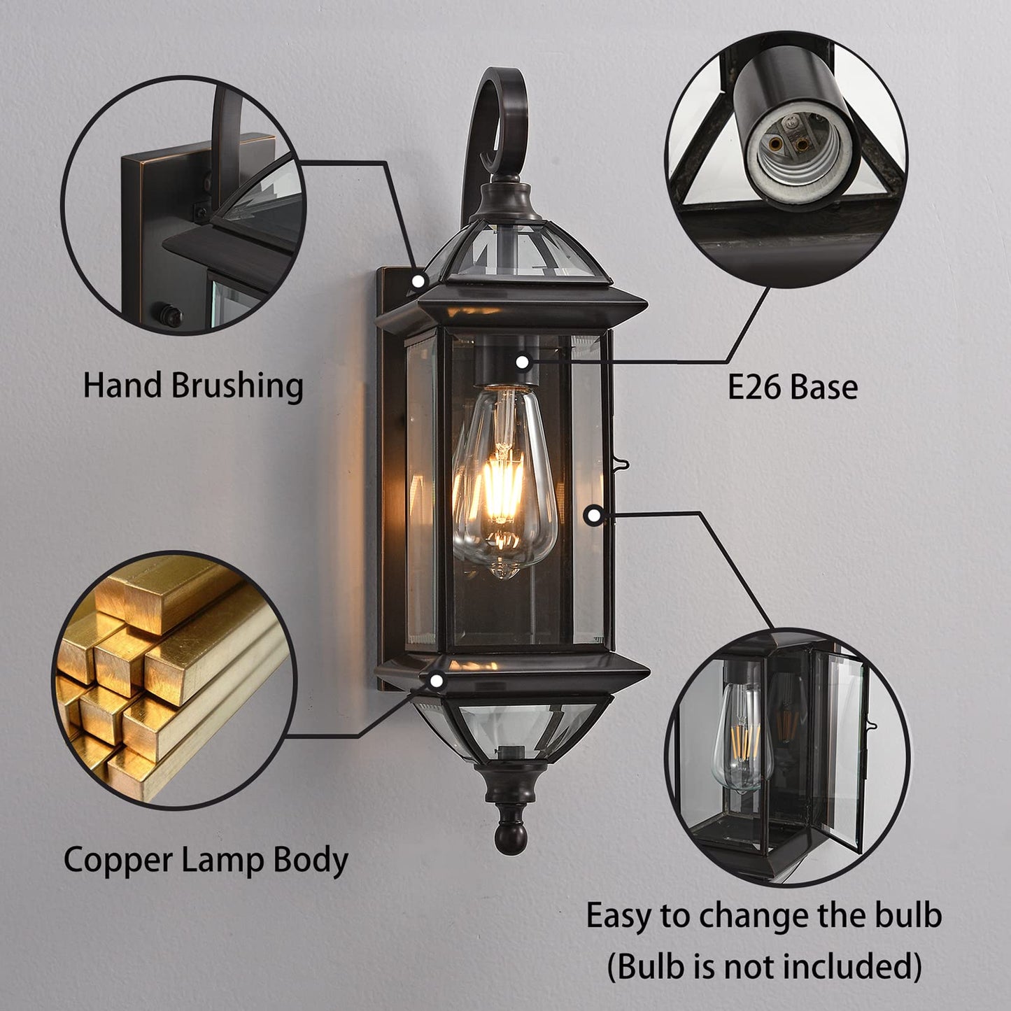 Milaii 18.5" H Copper Outdoor Wall Lights Exterior Waterproof Wall Sconce Light Fixture E26 Socket Oil Rubbed Bronze Porch Light with Clear Glass
