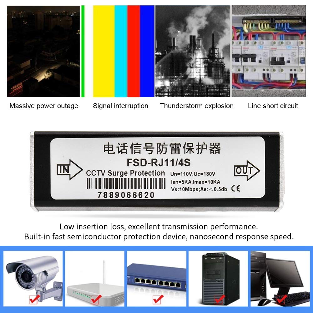 RJ11 Telephone Fax Surge Protector - Protective Device with 10KA Surge Capacity, Multi-Level Protection, 2Mbps Transmission, Easy Installation