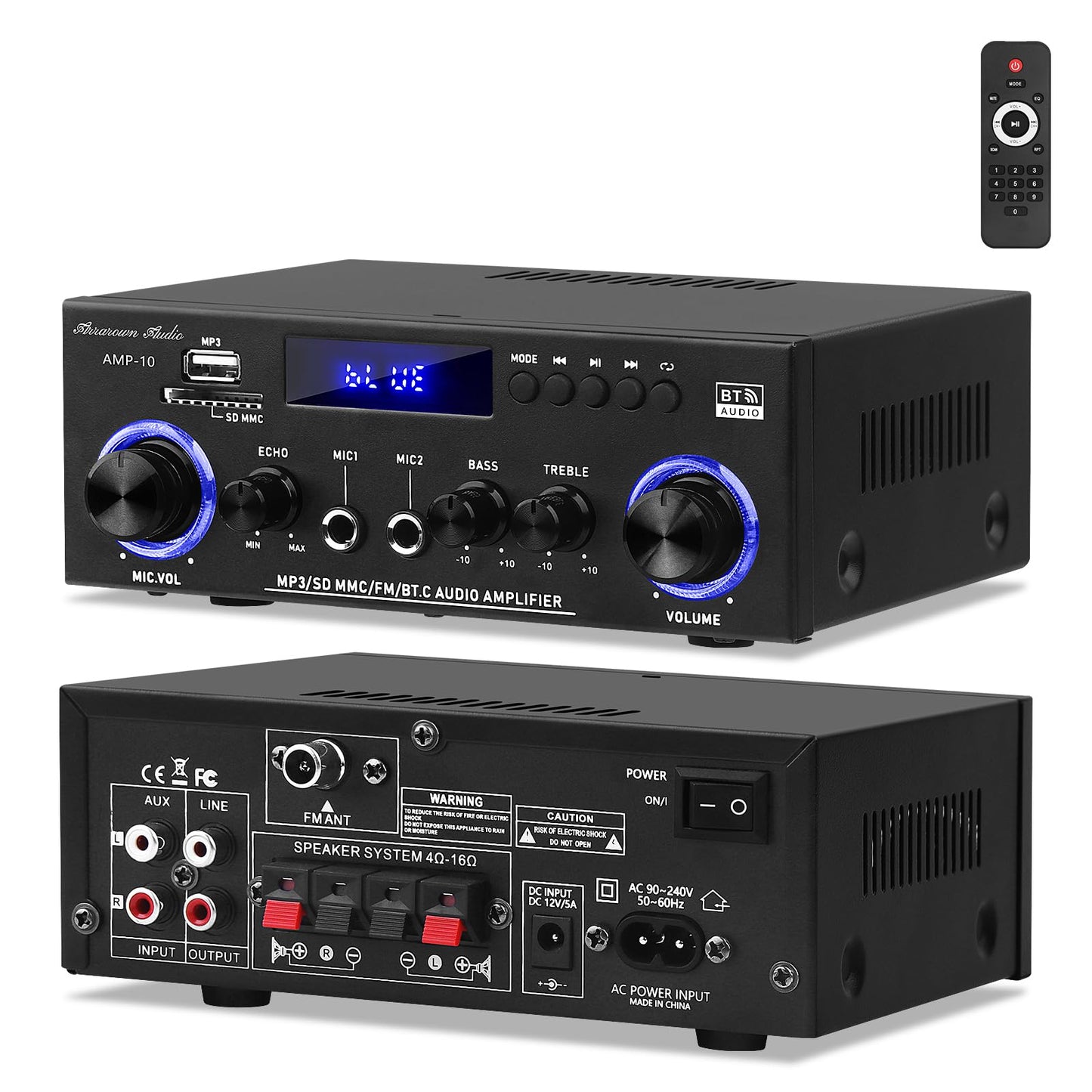 Beffkkip Amp10 Amplifier Home Audio,400W Power Amplifier 2 Channel Stereo Receiver with Bluetooth 5.0,Active Subwoofer Output, FM Radio, USB/SD/AUX